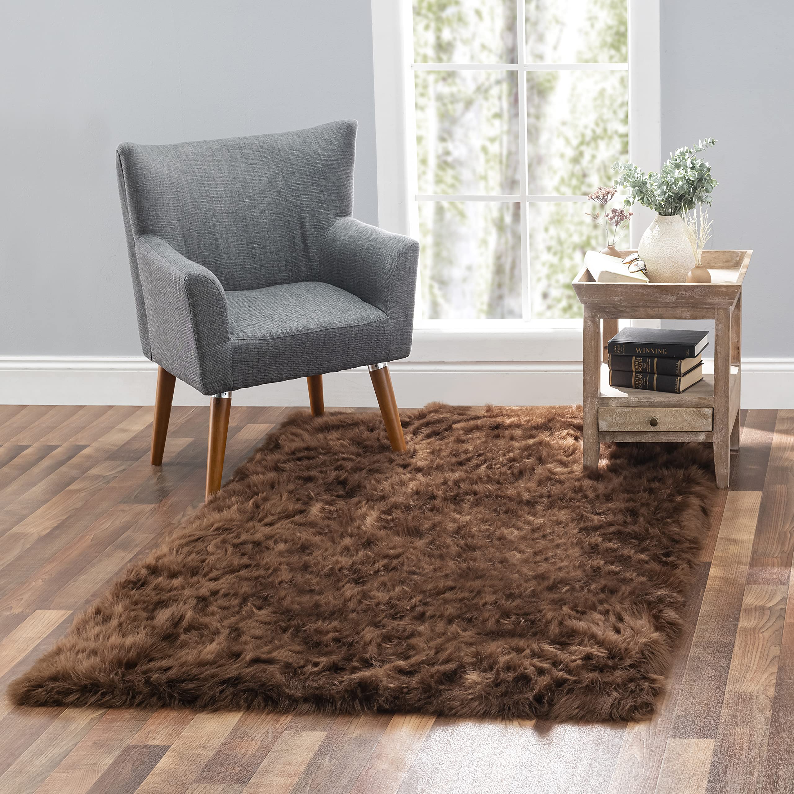 Luxury Soft Faux Fur Rug - Premium Sheepskin Shaggy Area Rug for Living Room, Bedroom, Nursery & Kids Room - Non-Slip Backing & Machine Washable - Home Decor Accent - Perfect for Cozy Floor Seating & Stylish Interior Design (Brown, 4'x6' Rectangle)