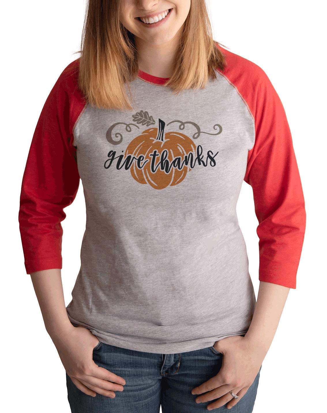 7 ate 9 Apparel Women's Thanksgiving Pumpkin Graphic T-Shirt - Cute Fall Shirt for Thanksgiving Dinner, Autumn Parties & Family Gatherings