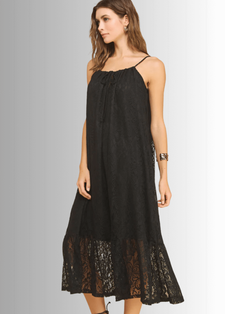 Gianna Black Lace Front Tie Midi Dress - Elegant Party & Wedding Guest Outfit for Women