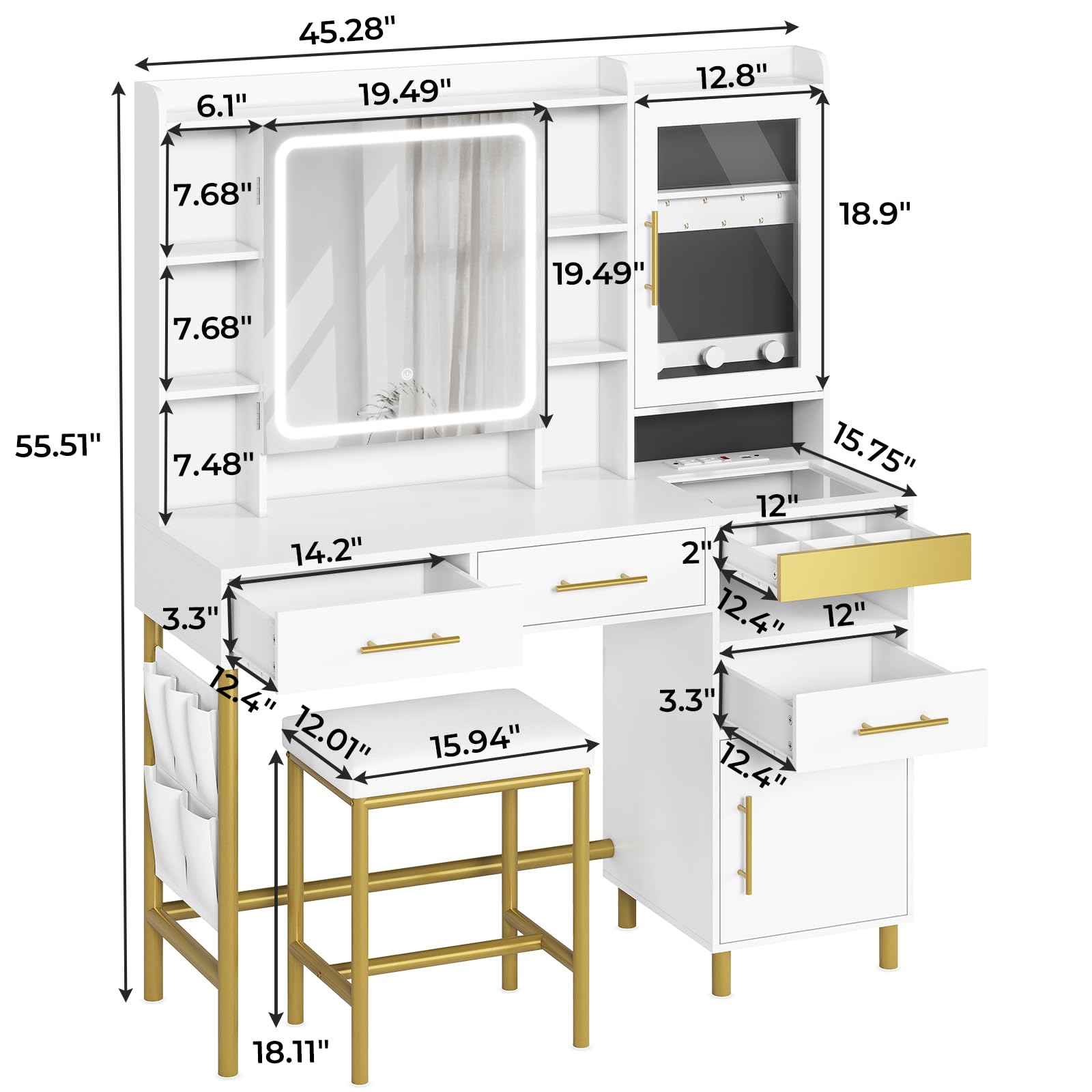 AOGLLATI White Makeup Vanity Desk with LED Lights, Mirror & Jewelry Storage - Vanity Table with Charging Station, Hidden & Open Shelves for Bedroom, Dressing Room & Beauty Salon
