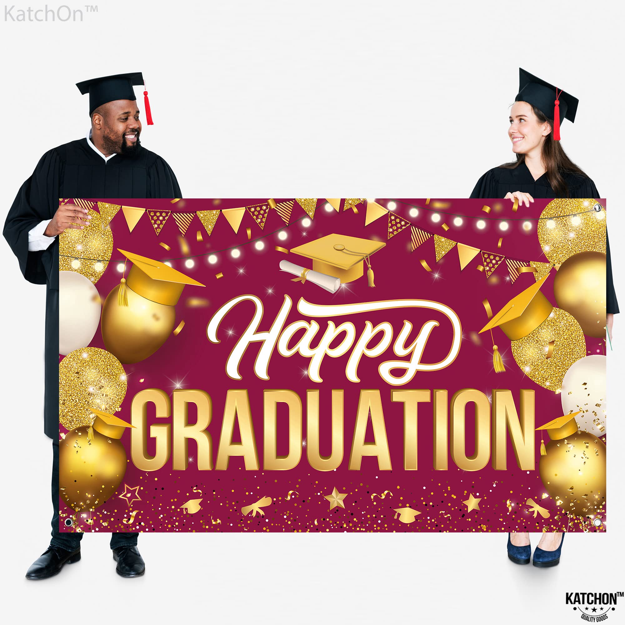 KatchOn Extra Large Happy Graduation Banner - 72x44 Inch Maroon & Gold Backdrop for Class of 2025 | 2025 Graduation Decorations, Party Supplies & Photo Booth Background | Perfect for High School, College Ceremonies & Graduation Parties