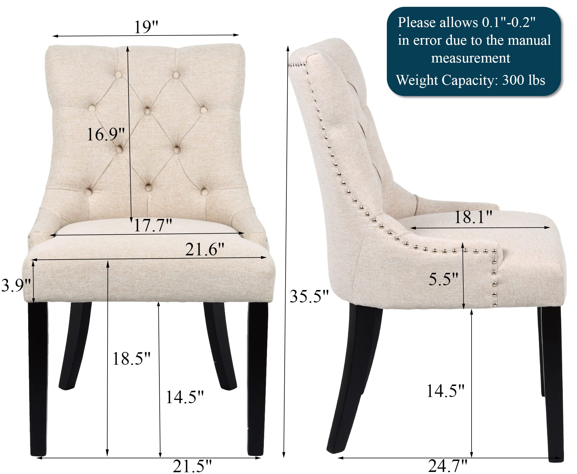 Flesser Accent Dining Chairs Set of 2 - Modern Fabric Upholstered Kitchen Chairs with Tufted Button Design for Dining Room Table Set, Cream - Perfect for Home, Restaurant, and Office Use
