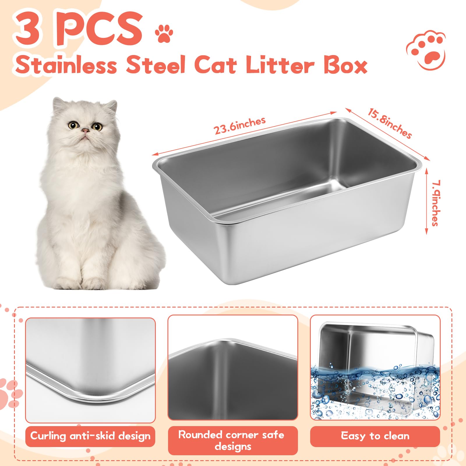 Premium 3-Pack Stainless Steel Cat Litter Box with Scoop - Odor-Free, Rustproof & Non-Stick Surface (23.6