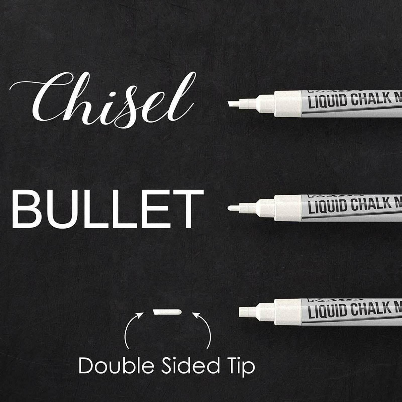 Kassa 4-Pack Fine Tip White Chalk Markers with 2 Reversible 3mm Bullet & Chisel Tips - Non-Toxic, Erasable & Dust-Free Chalkboard Markers for Windows, Mirrors, Blackboards - Perfect for Home, School, Office, Restaurants & Retail Signage
