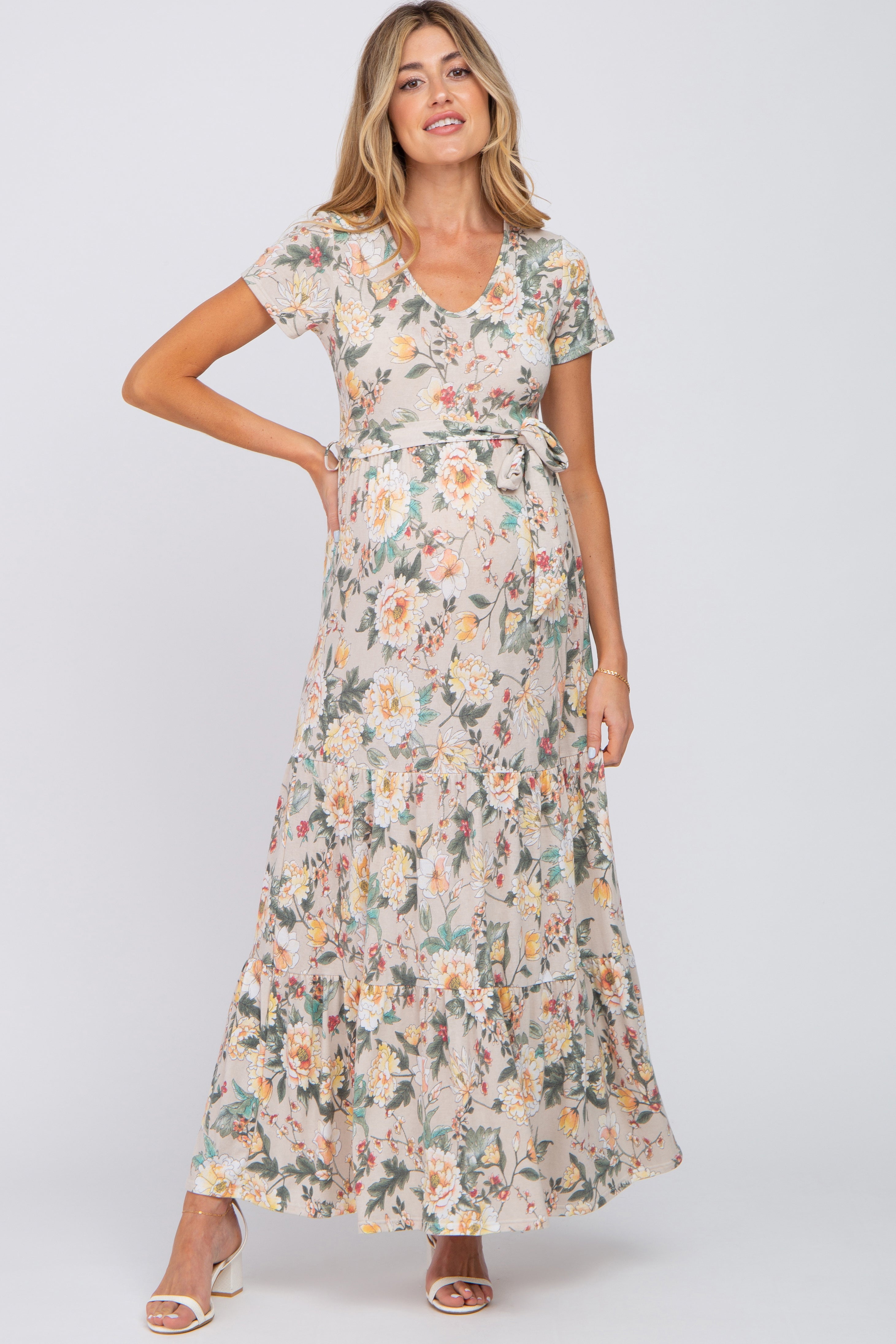 Beige Floral Tiered Maternity Maxi Dress for Pregnancy - Comfortable & Stylish Summer Maternity Dress for Baby Shower, Beach Vacation & Photoshoots