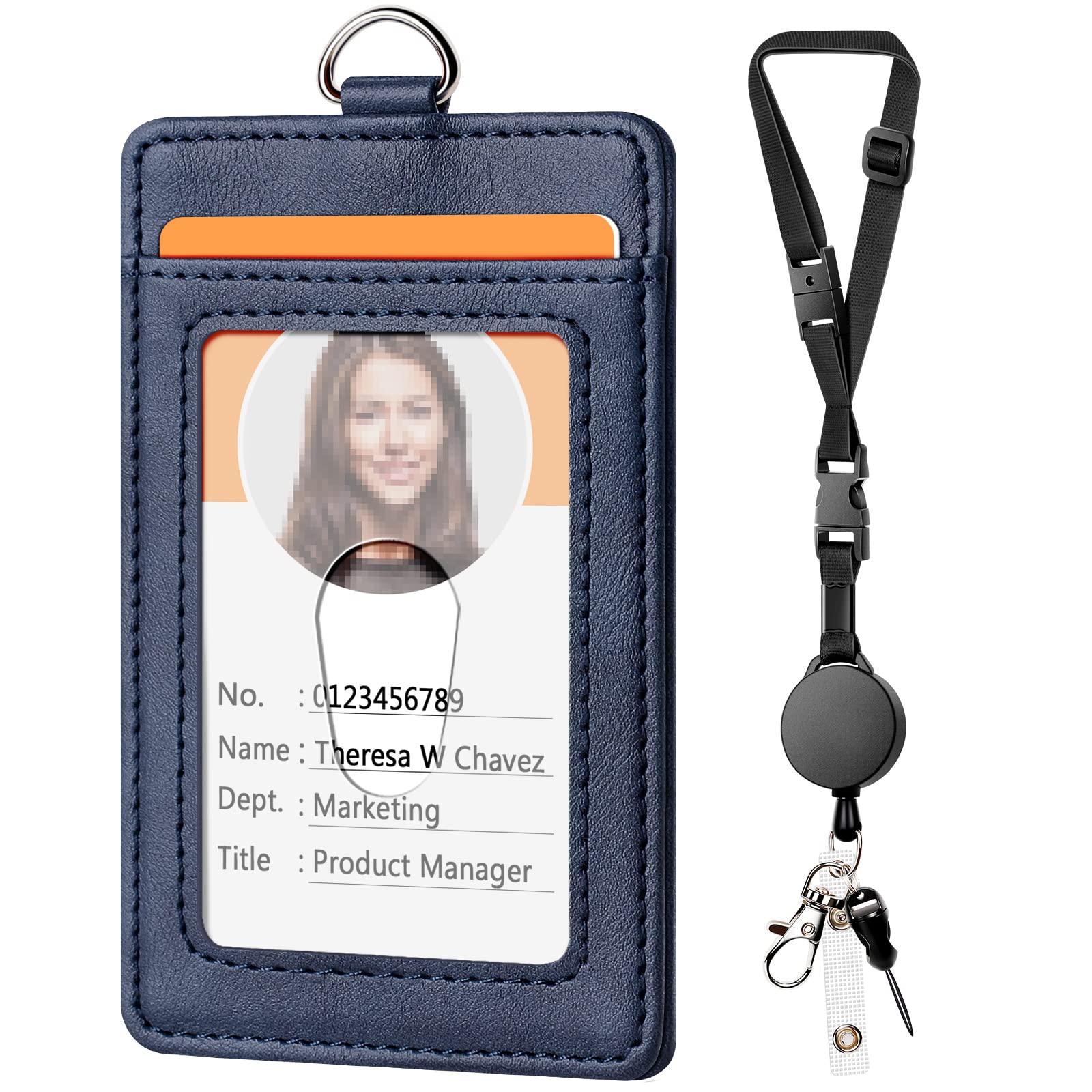 Leather Badge Holder with Retractable Lanyard - Adjustable Quick Release for Office & School ID Cards
