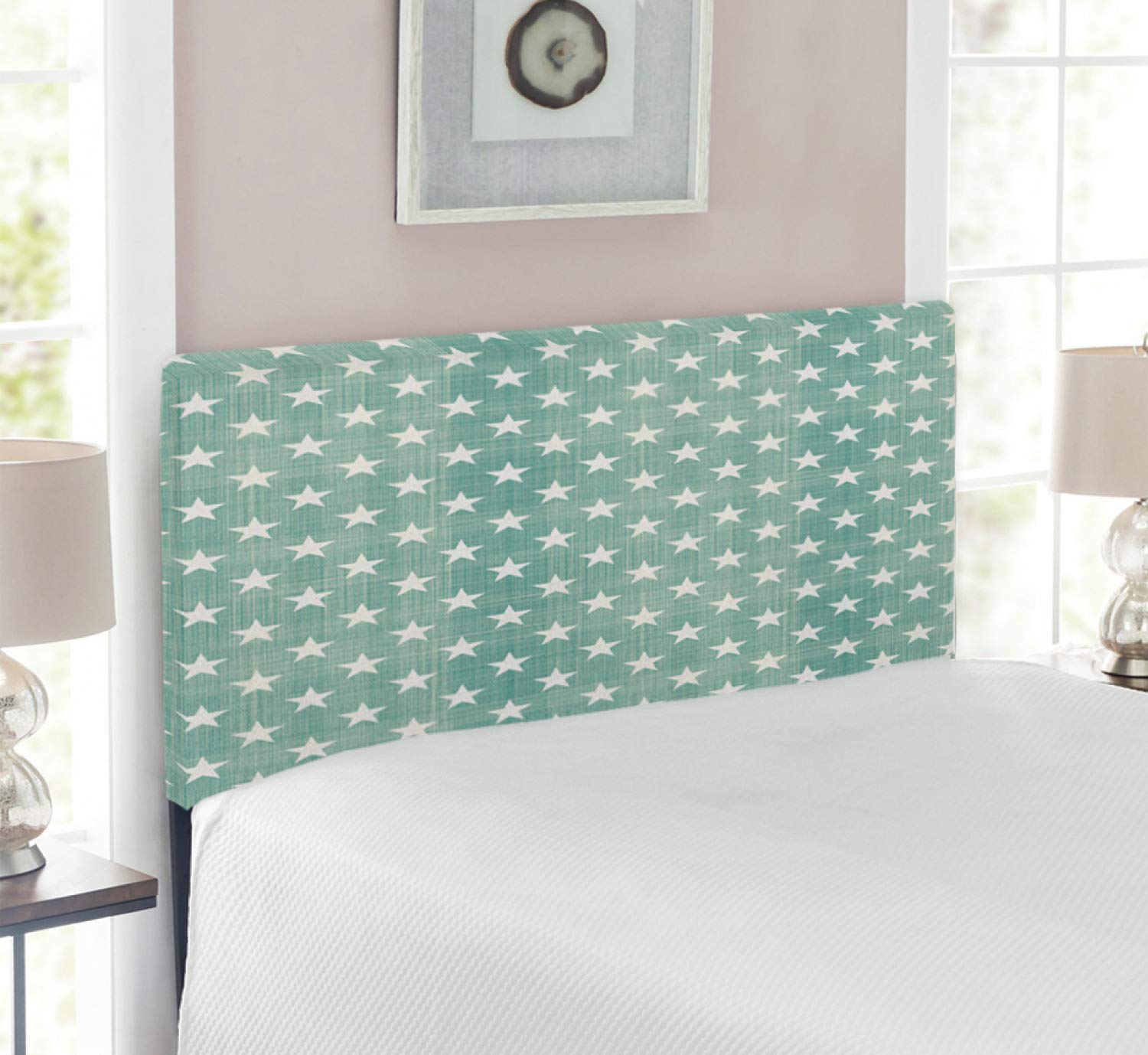 Ambesonne Modern Twin Size Headboard - Classic Stars & Plaid Pattern Upholstered Metal Bed Frame with Memory Foam in Green Grey | Perfect for Contemporary Bedrooms & Guest Rooms