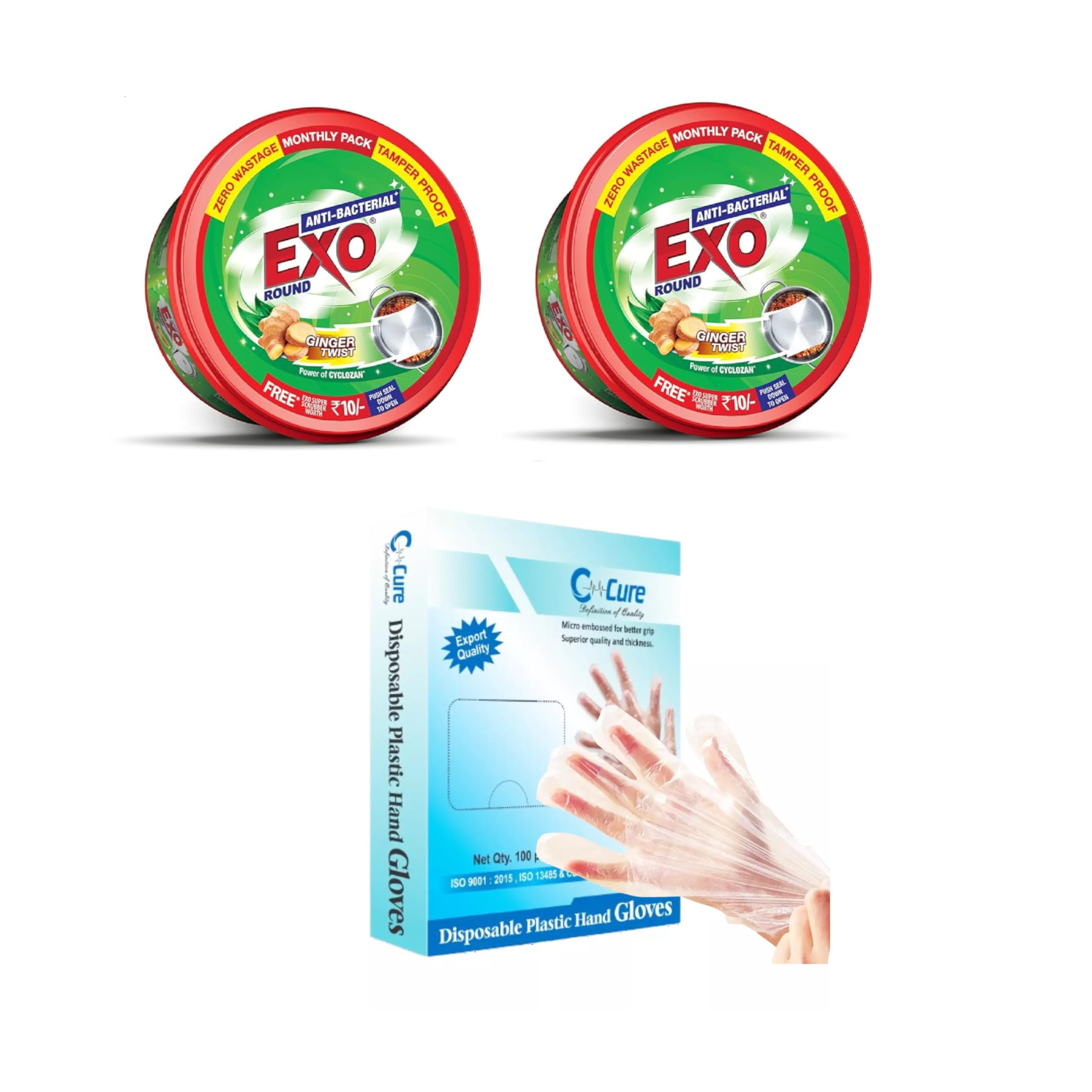 Exo Round Dishwashing Bar 250g (Set of 2) with Super Scrubber | Complete Dishwashing Solution & Multipurpose Disposable Gloves (100pcs) | Ideal for Kitchen Cleaning, Gardening, and Public Area Sanitation