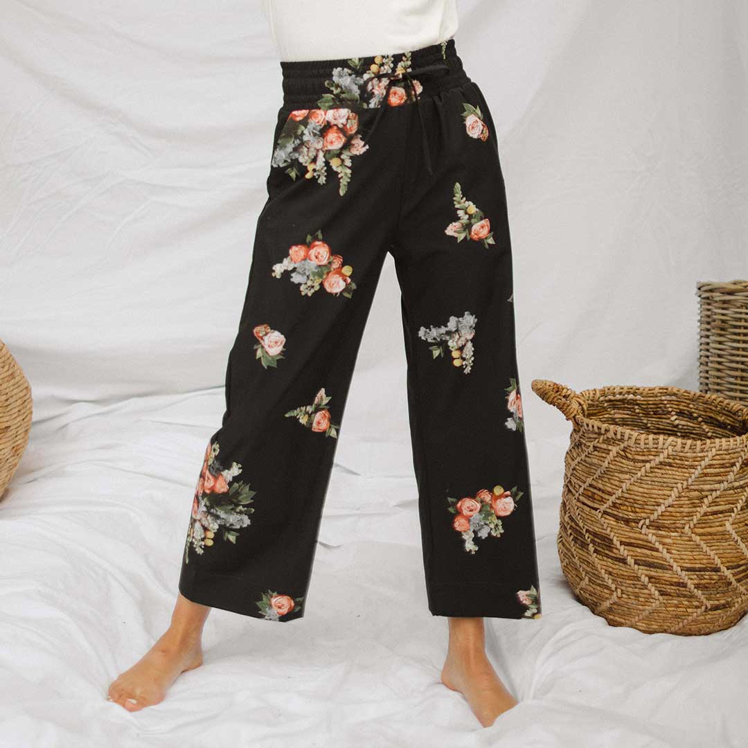 Audrey Wide Leg Pants for Women - Rose Black Floral Print High Waisted Palazzo Trousers | Office Wear, Casual Outfits & Special Occasions