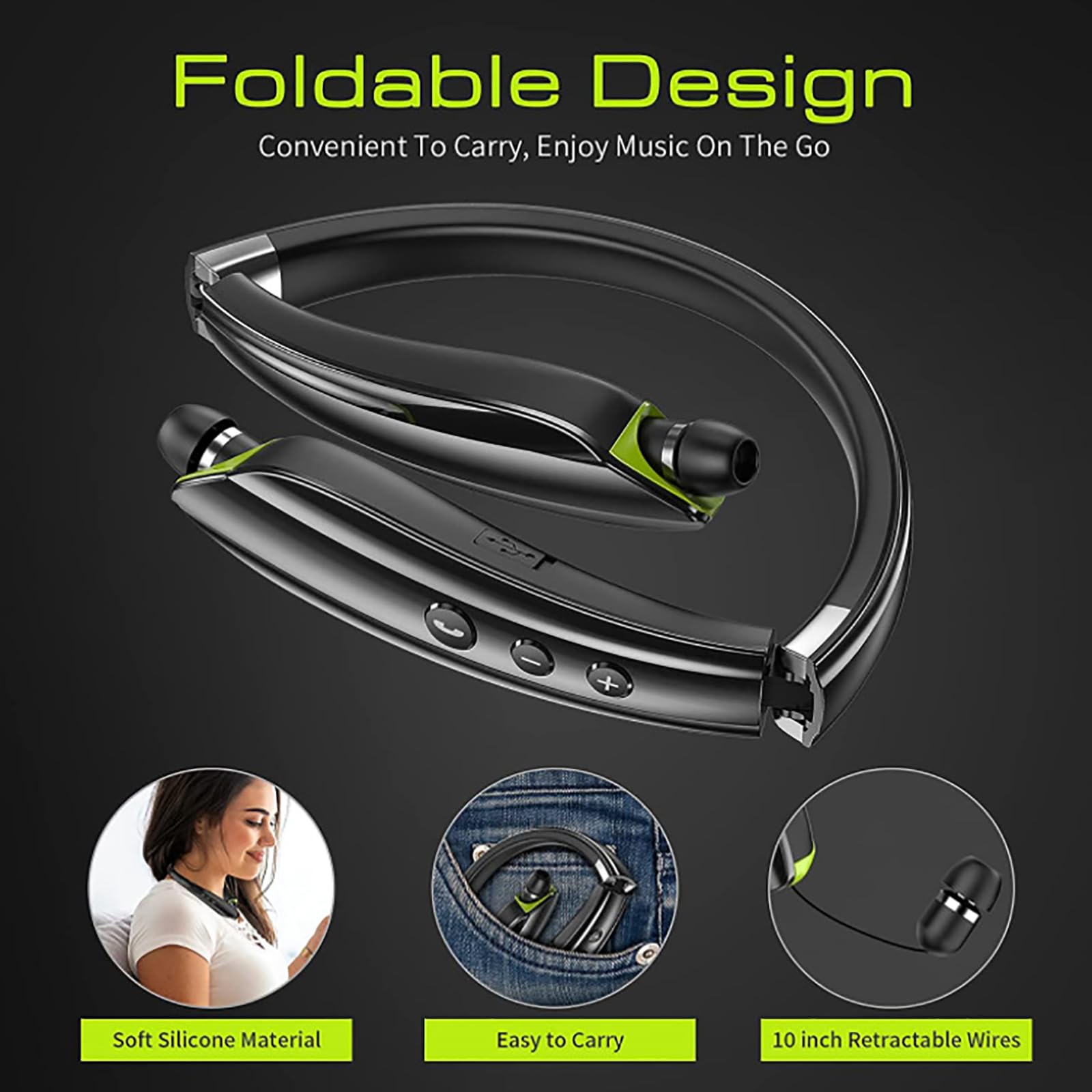 Wireless Bluetooth Neckband Headphones with Noise Cancelling, Magnetic Design - Retractable & Foldable Sports Earbuds for Running, Gym & Travel (Gray) - Perfect for Workouts, Commuting & Outdoor Activities