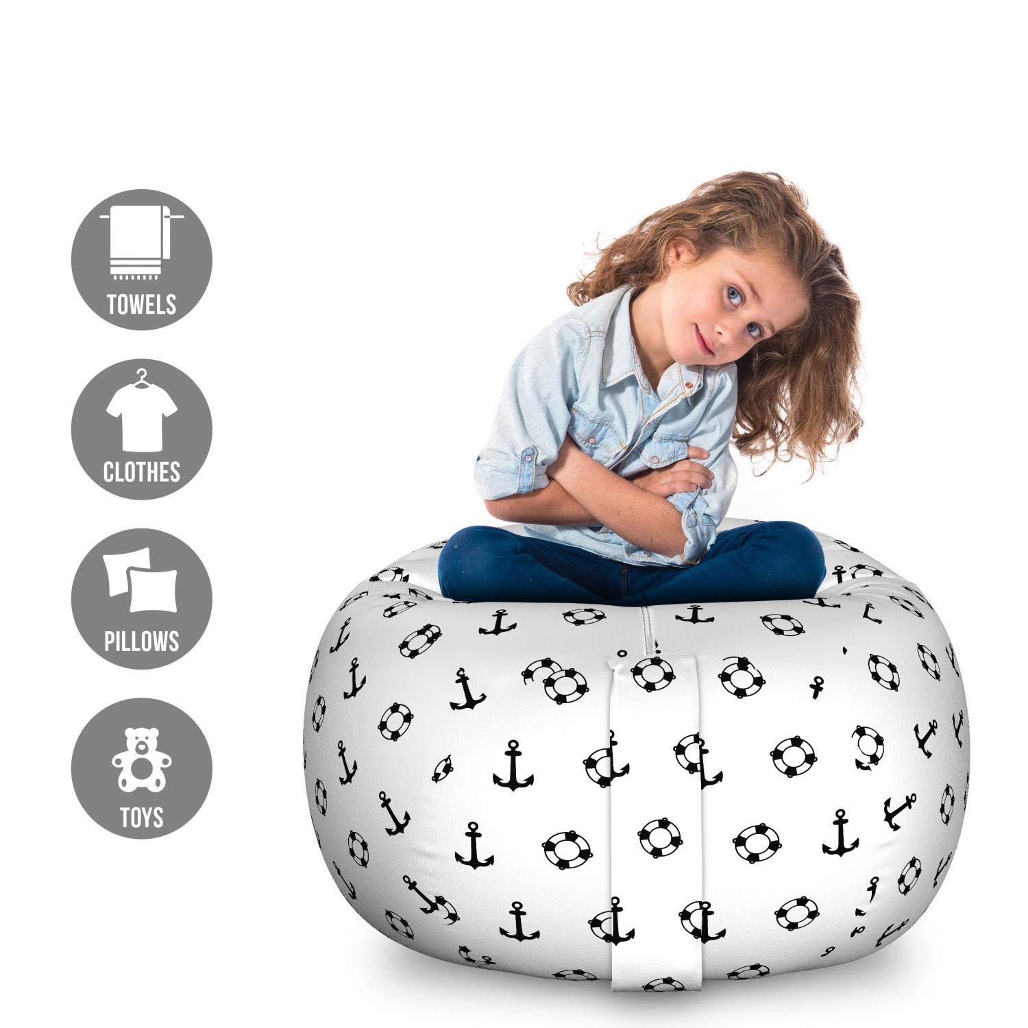 Ambesonne Nautical Storage Toy Bag Chair - Maritime Theme with Anchors & Navy Ocean Pattern - Large Washable Stuffed Animal Organizer for Kids' Room, Nursery, or Playroom - Black and White Design