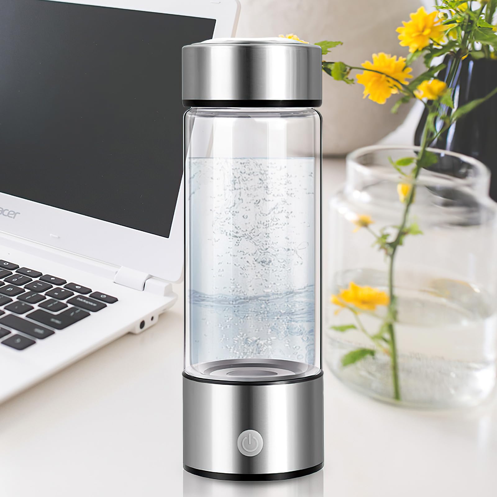 Hydrogen Water Bottle - Portable Hydrogen Rich Water Generator with 3-Min Quick Electrolysis, Rechargeable Glass Water Ionizer for Home, Office & Travel (Silver) | Boost Hydration & Wellness On-The-Go