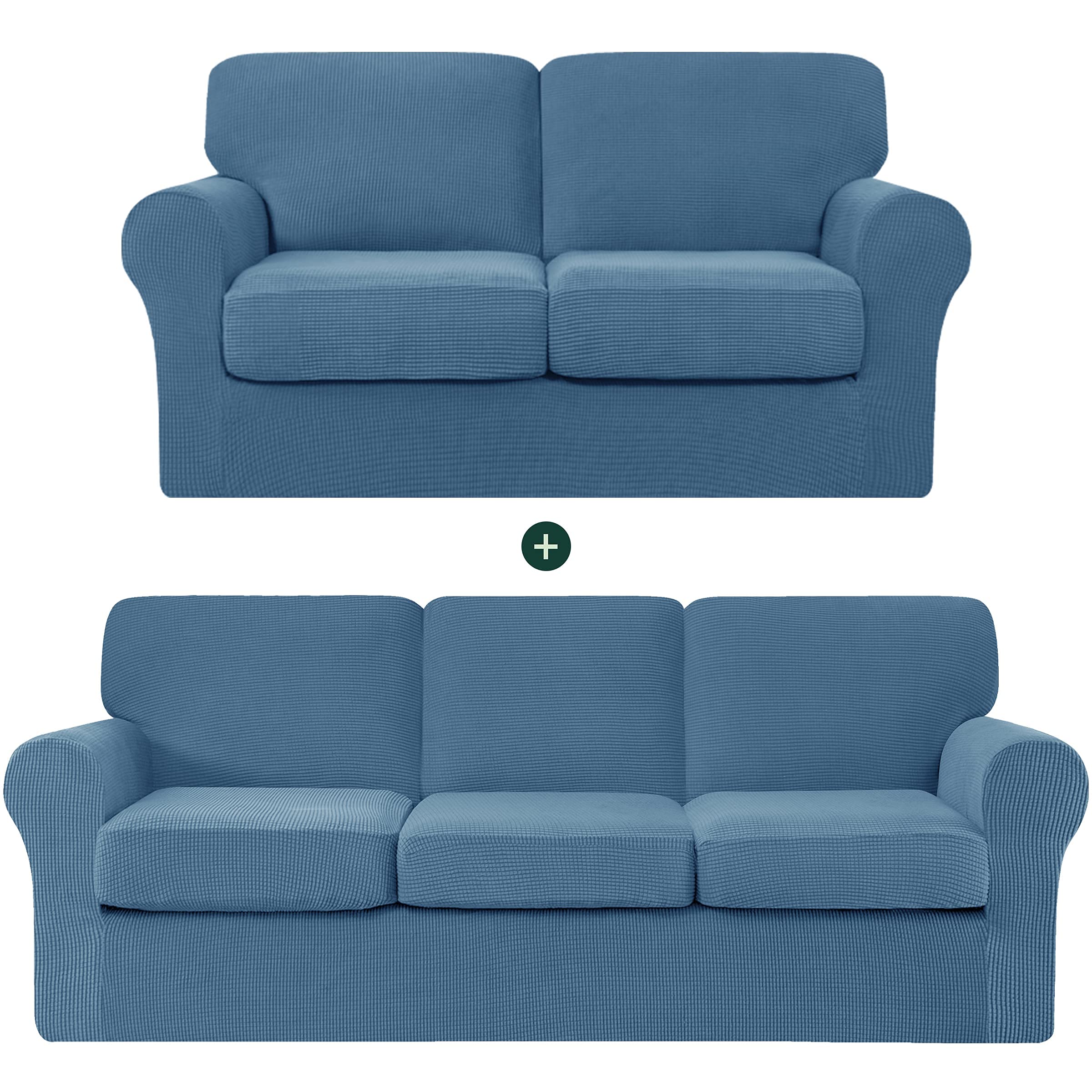 CHUN YI Loveseat Sofa Cover Set - Stretchable Jacquard Fabric Slipcover with Detachable Backrest & Cushions (Smoky Blue Checkered Pattern) - Perfect for Living Room, Bedroom, and Home Decor Protection