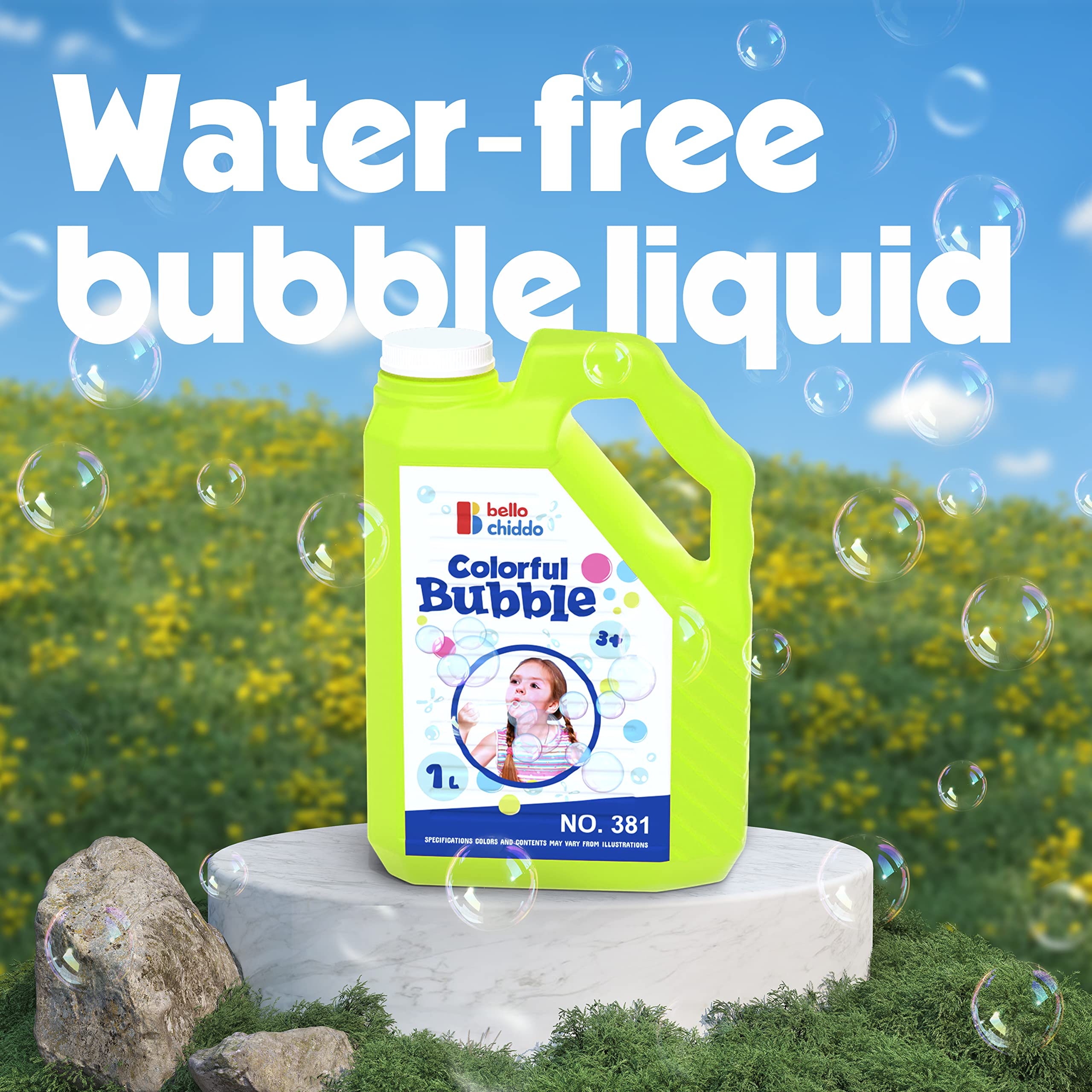 BELLOCHIDDO Bubble Solution Refill 1L/33.8 oz - Large Size for Bubble Guns, Wands, Blowers & Machines - Non-Toxic Bubble Liquid for Kids Ages 3+ (Yellow) - Perfect for Outdoor Play, Birthday Parties & Backyard Fun