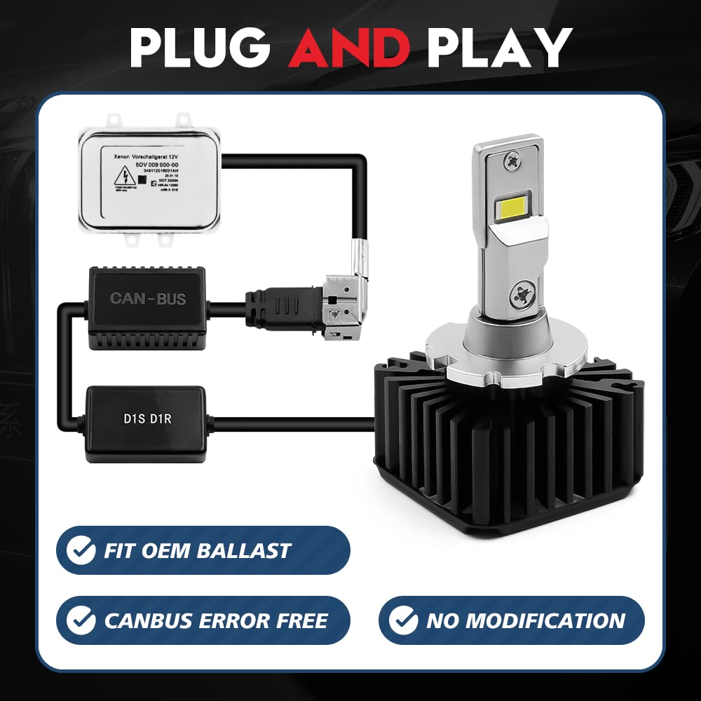 VEHICODE D1S DS1 D1R LED Bulbs 6000K White 70W - Plug and Play HID Replacement with Ballast for D1S D1R DR1 D1C Xenon - CANBus Error Free - Perfect for ATV/UTV Powersports & Off-Road Vehicles - 2 Pack Headlight Upgrade Kit