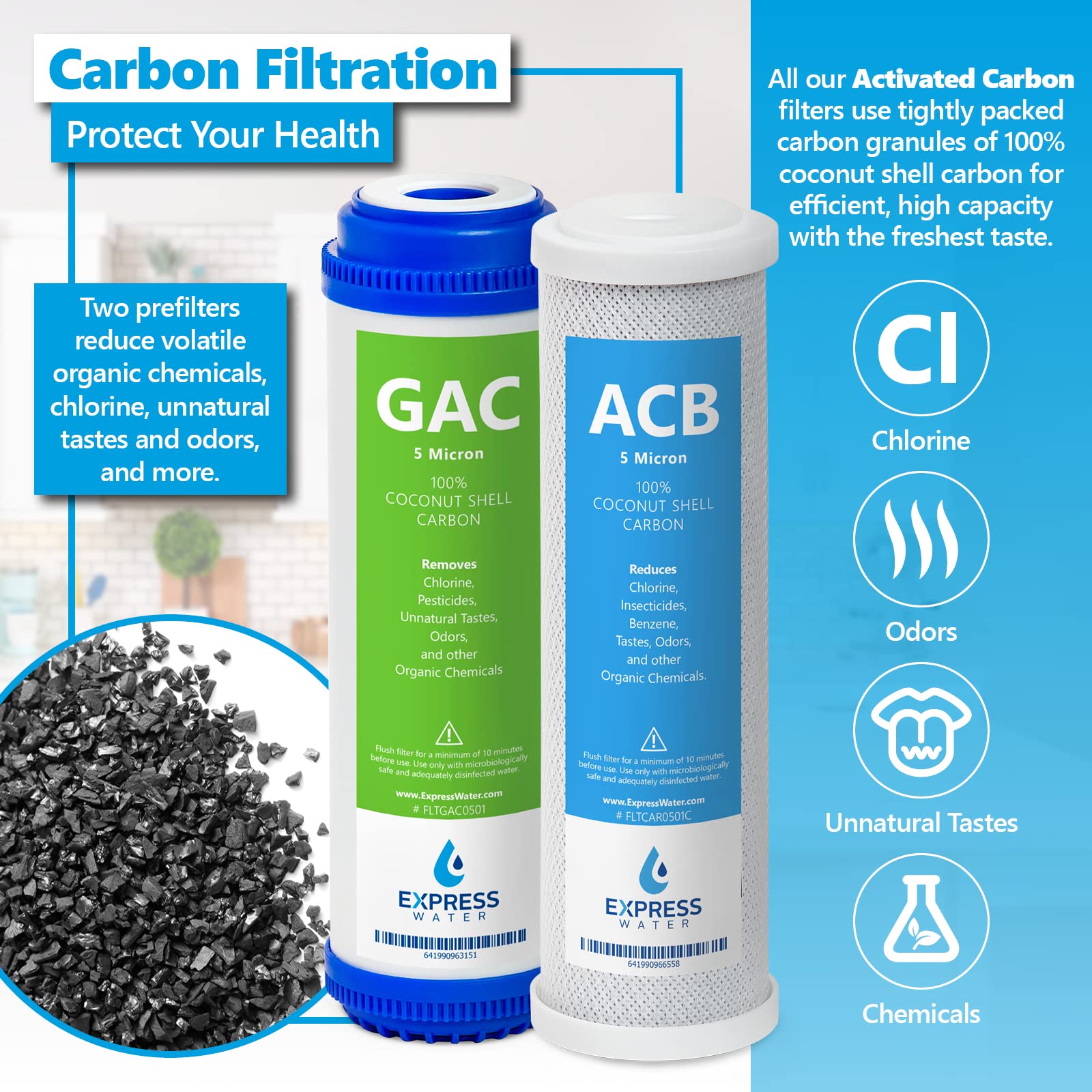 Express Water 5-Year Reverse Osmosis System Replacement Filter Set - 30 Filters (Carbon GAC, ACB, Sediment SED) - 10 Inch Water Filters for Clean Drinking & Cooking Water - Perfect for Home, Office & RV Use