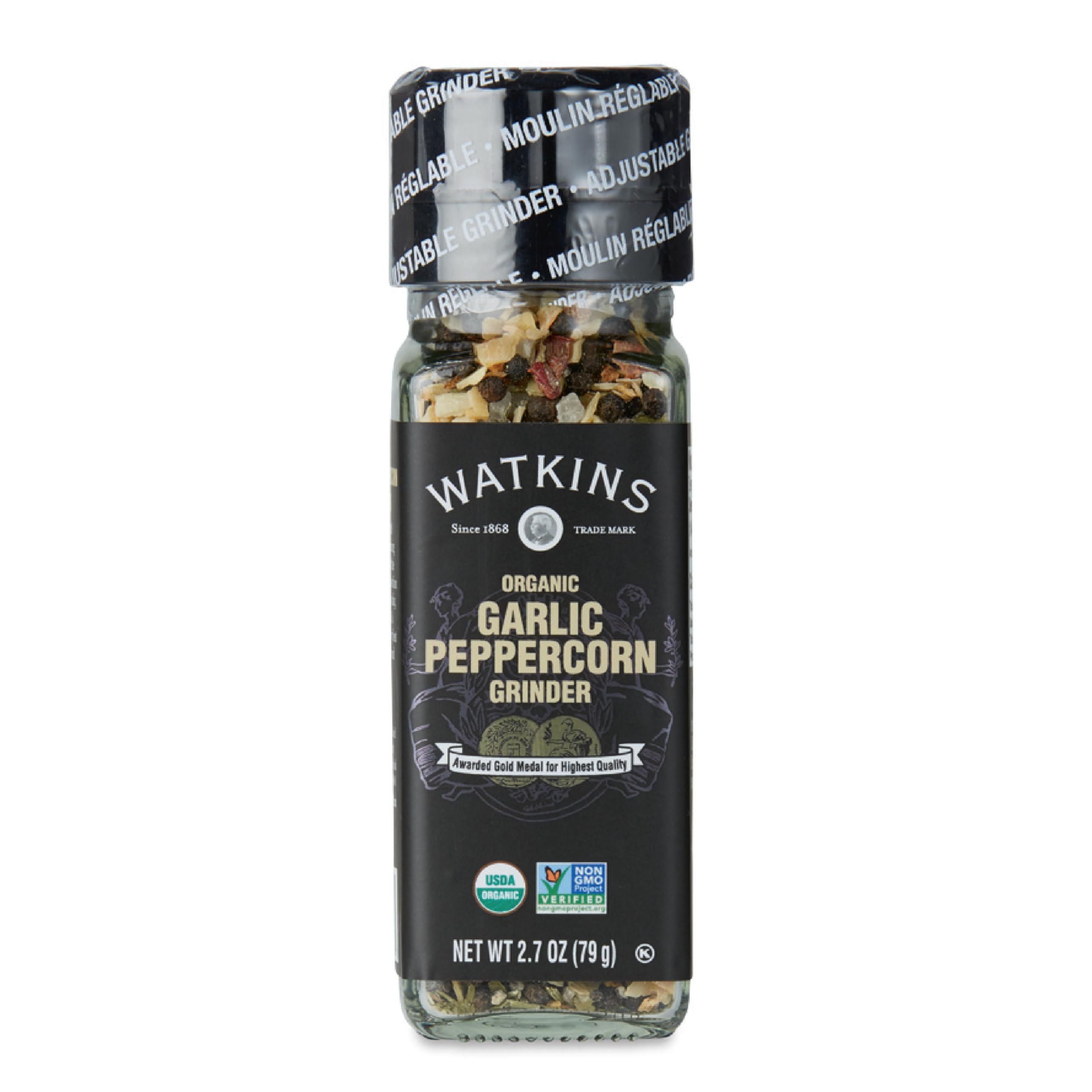 Organic Garlic Peppercorn Grinder 3-Pack (2.7 oz Each) - Watkins Premium Spice for Cooking, Seasoning & Gourmet Meals - Perfect for Pasta, Salads, Steaks & Home Chefs