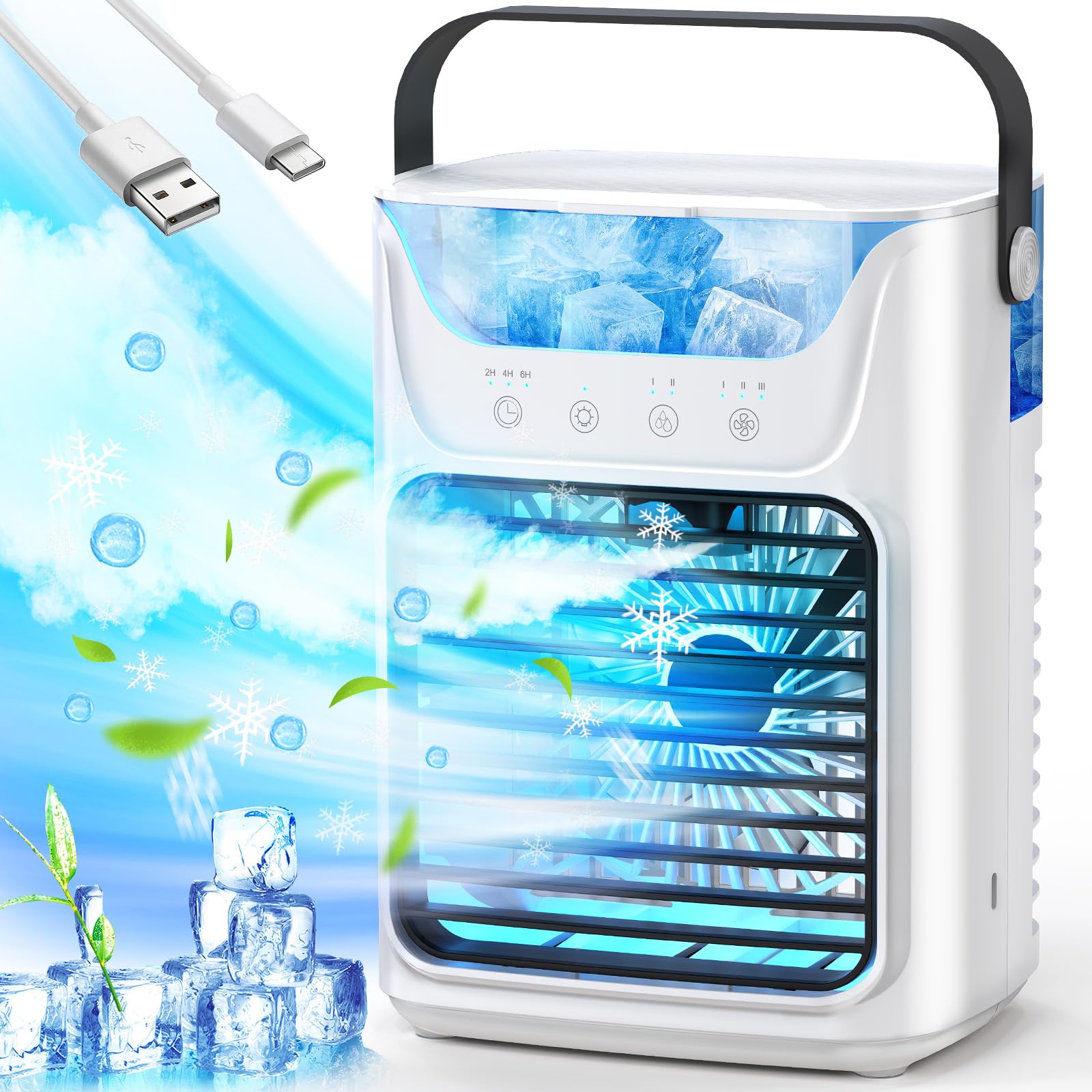 Portable Air Conditioner & Cooling Fan - Mini AC with 3 Speed Settings, 3 Timer Modes, Humidifier Function | Personal Desk Evaporative Air Cooler for Home, Office, Bedroom, Car & Travel Use