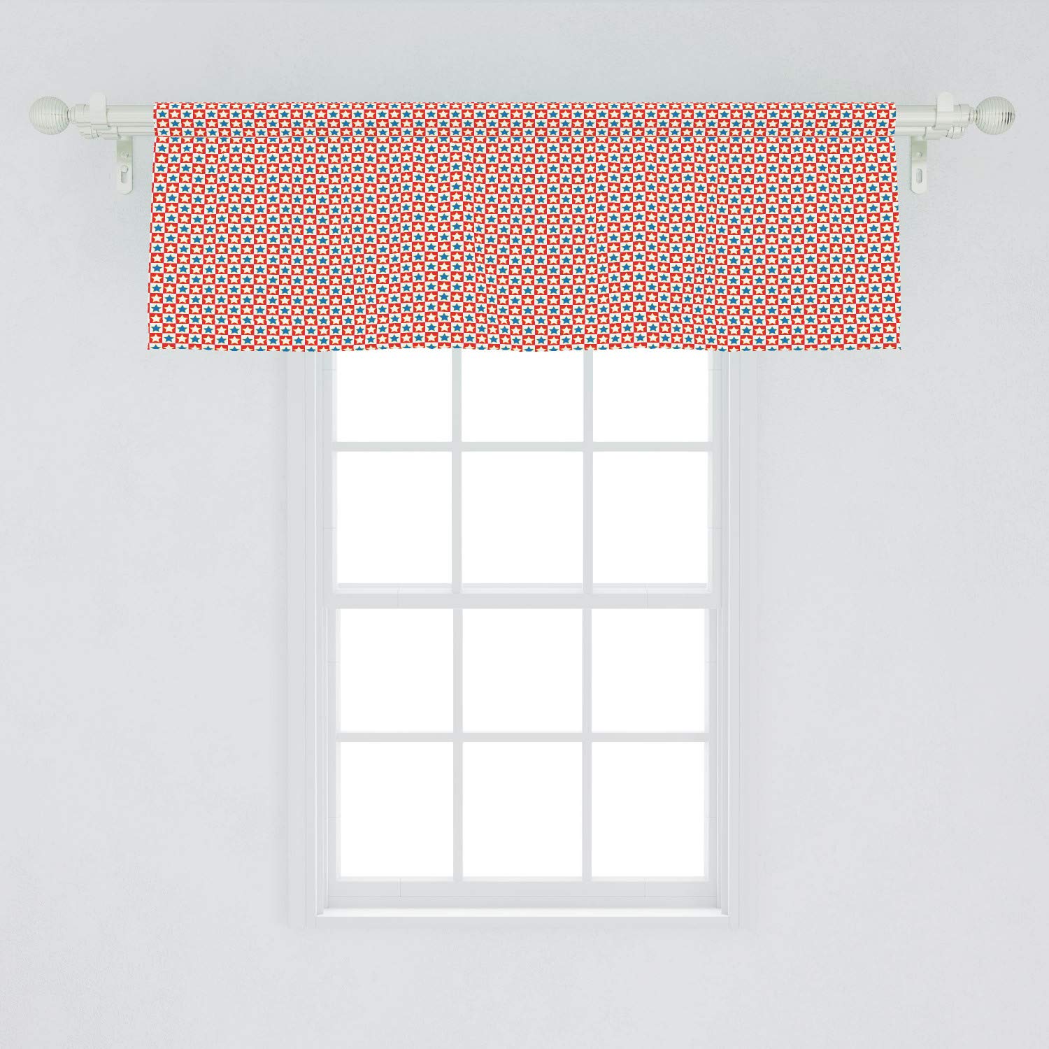 Lunarable Striped Window Valance - Checkered Square Pattern Stars American Flag Themed Patriotic Design - Kitchen & Bedroom Curtain Valance with Rod Pocket - 54x18 Inches in Vermilion Blue Yellow - Perfect for Living Room, Nursery & Home Decor