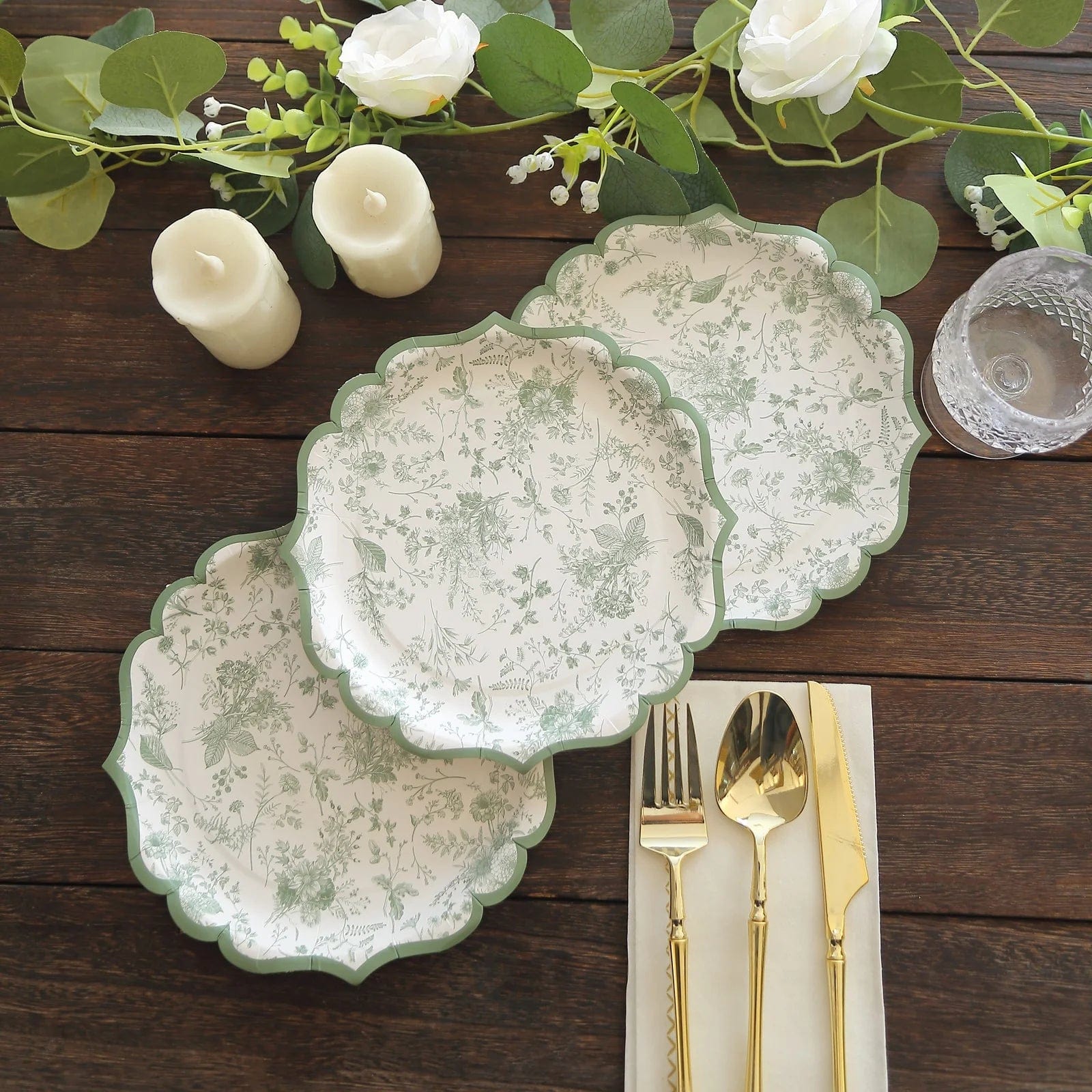25-Pack White and Sage Green Floral Leaf Print Paper Plates with Scalloped Rim - Elegant Disposable Tableware for Weddings, Baby Showers & Garden Parties