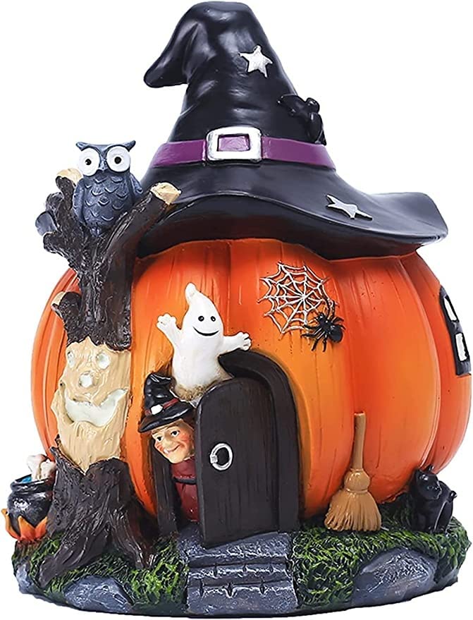 Halloween Decorations - Glow in the Dark Resin Pumpkin House with Witch & Ghost Figures - Outdoor Garden & Indoor Halloween Party Decor - Spooky Home & Yard Decoration for Halloween Night