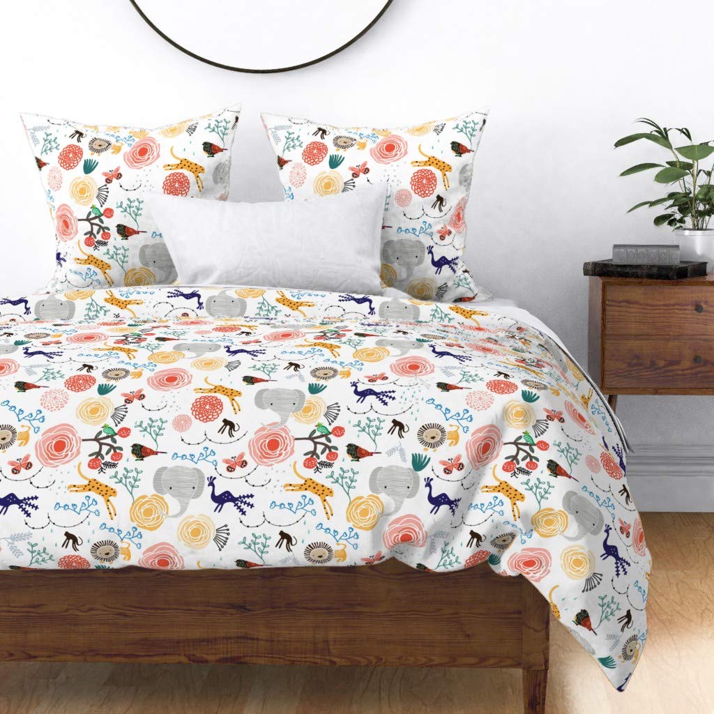Whimsical Jungle Floral Animal Print Cotton Sateen Duvet Cover - Twin Size with Elephant, Cheetah, Bird & Monkey Design | Perfect for Kids' Room, Nursery Decor & Forest-Themed Bedding