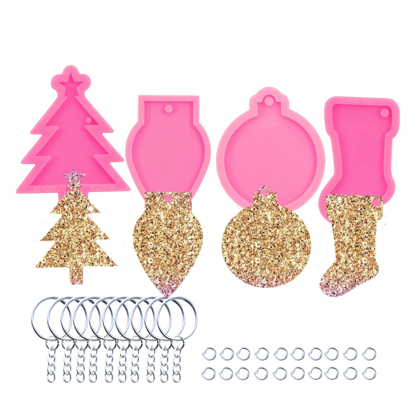4-Piece Silicone Resin Mold Set for Christmas Tree, Socks, Lights & Blank Circle Keychain - DIY Epoxy Crafting Art with 10 Key Rings - Perfect for Holiday DIY Gifts, Jewelry Making & Resin Art Projects