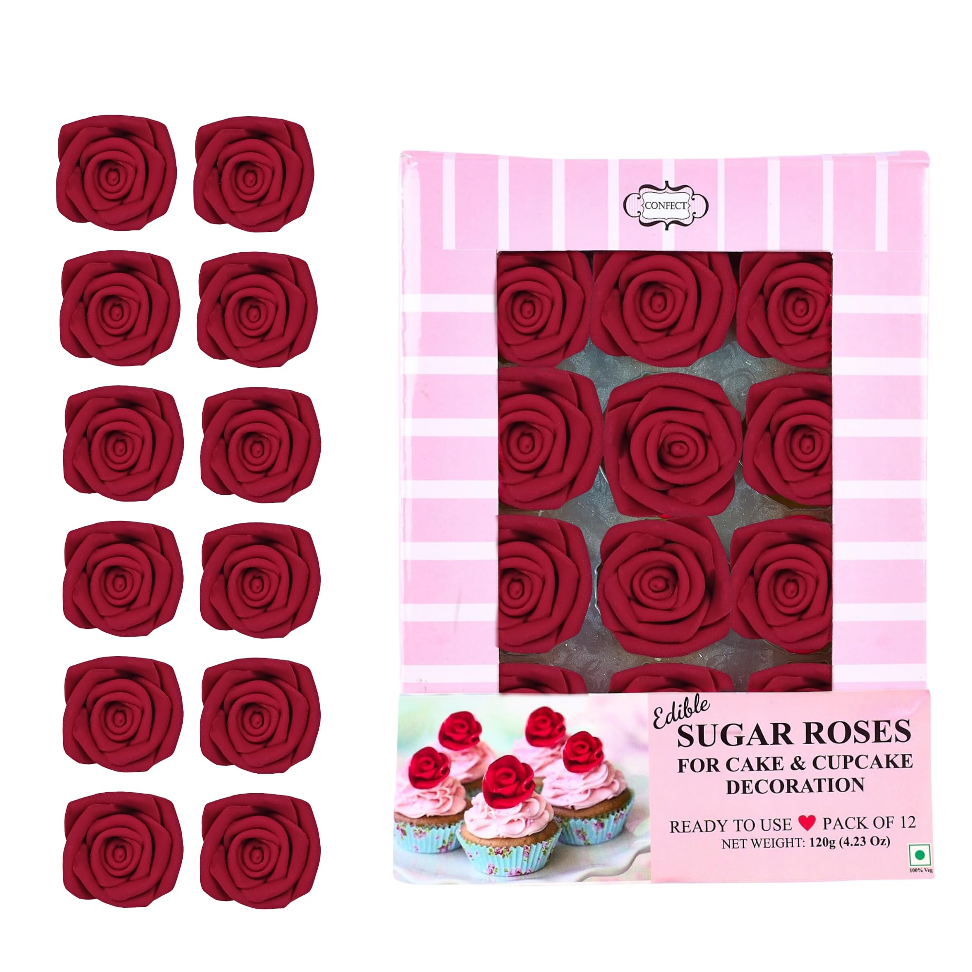 Edible Rose Cake Toppers - 12 Pack Deep Burgundy Sugar Flowers for Wedding Cakes, Cupcakes, Desserts & Special Occasion Decorations