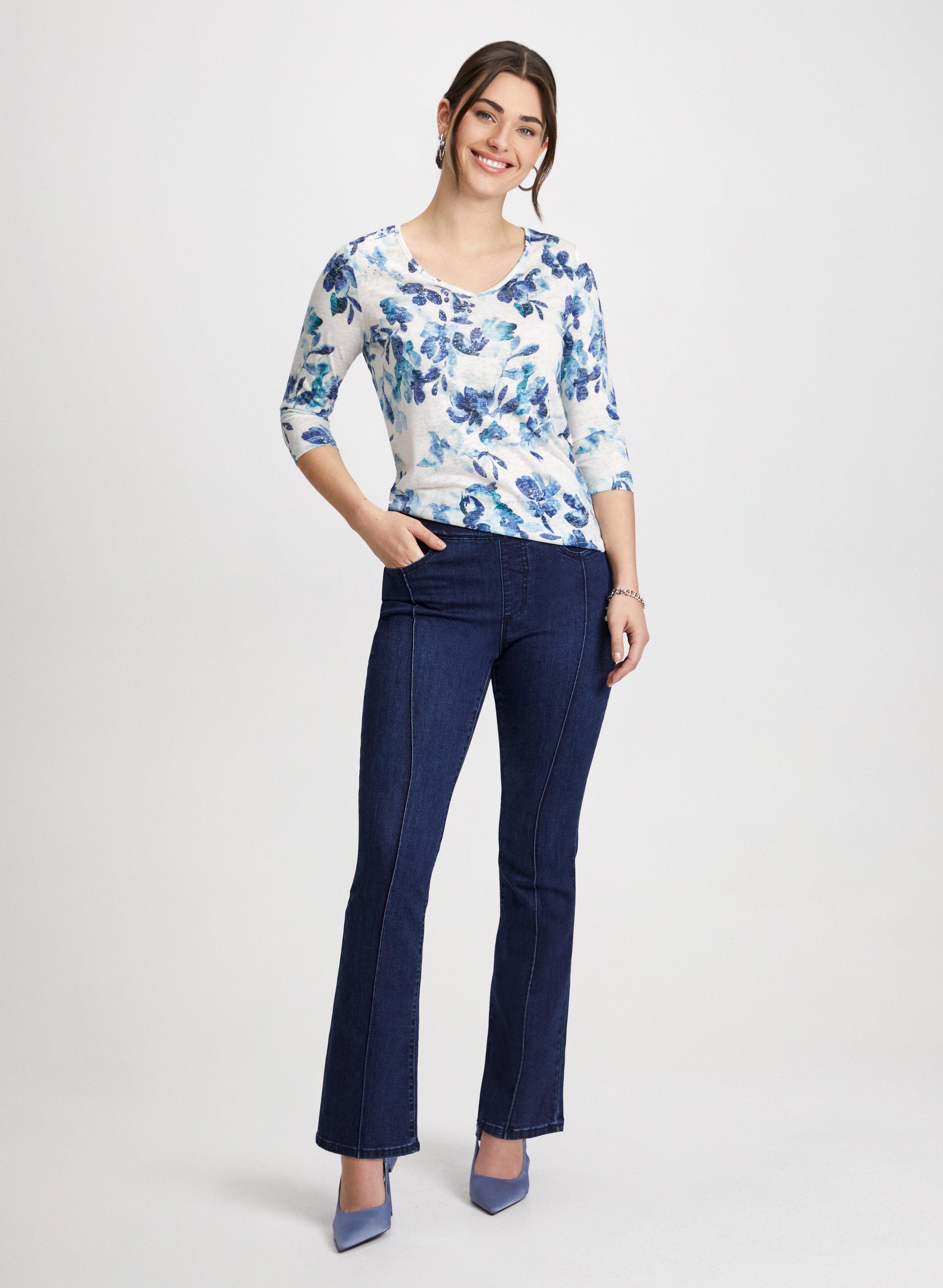 Stylish 3/4 Sleeve T-Shirt & Flattering Bootcut Jeans Outfit - Perfect for Casual Wear, Date Nights & Office Looks