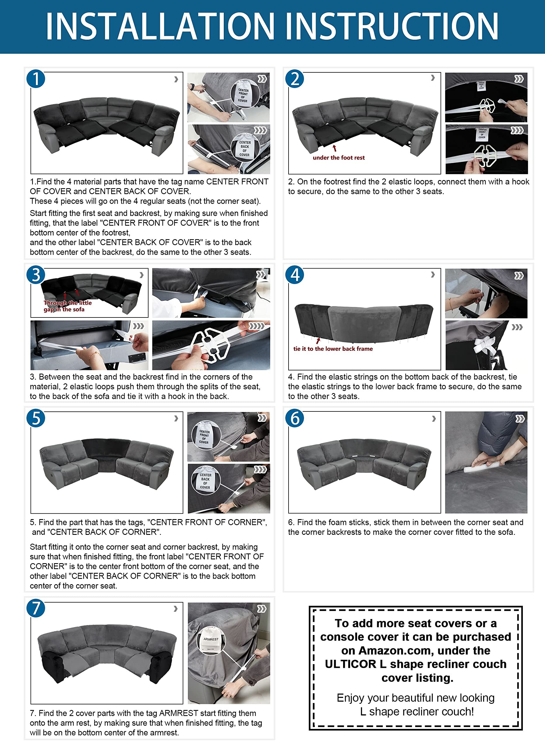 ELEOPTION 5-Seat Sectional Recliner Cover - Velvet Stretch Sofa Slipcover for L-Shaped Corner Reclining Couch - 7-Piece Washable Furniture Protector (Grey) - Perfect for Living Room, Home Theater & Family Gatherings