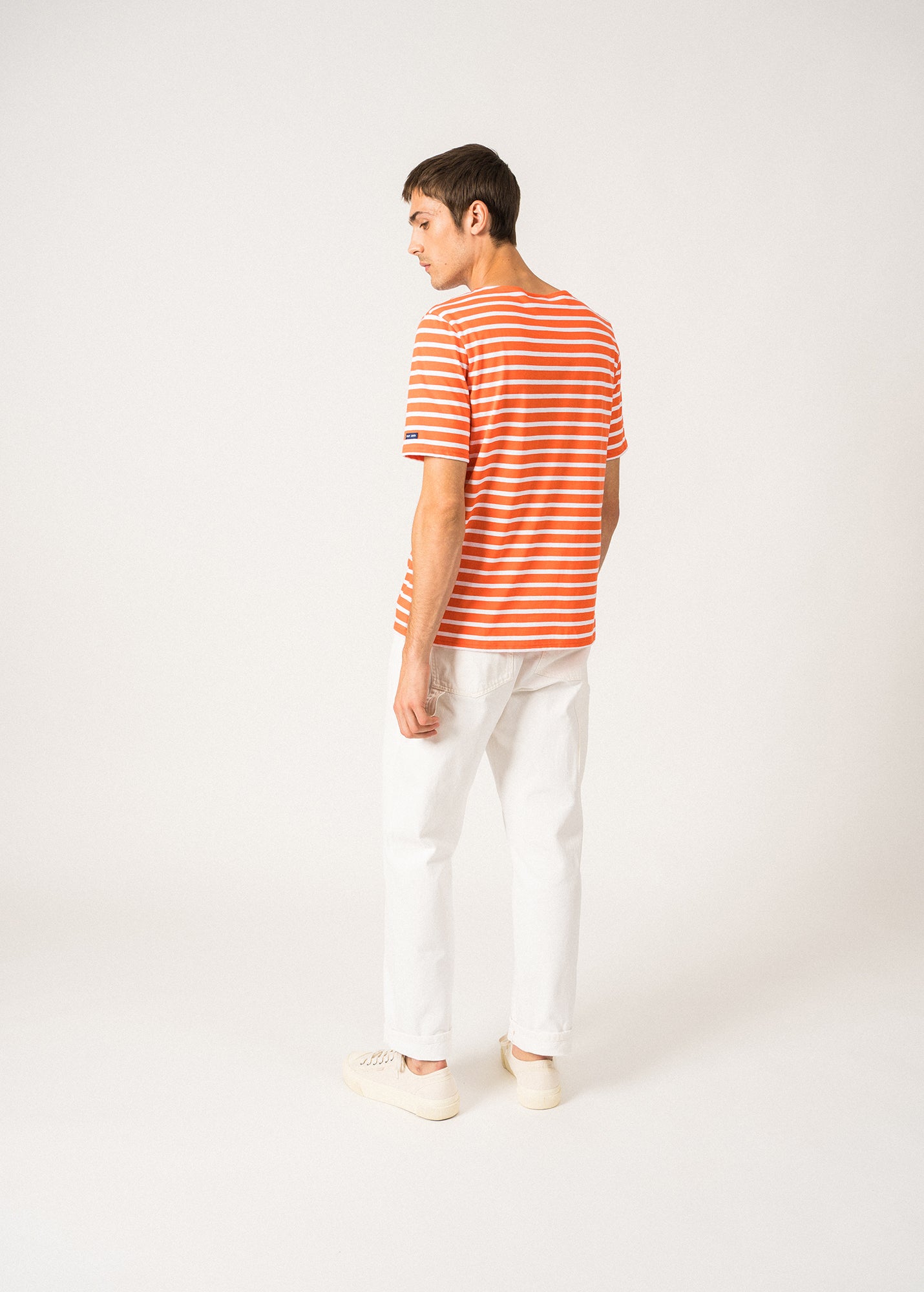 LEVANT MODERN Breton Stripe Short Sleeve Shirt - Soft Cotton Unisex T-Shirt in Orange & White | Casual Wear, Beach Outfit, Summer Fashion