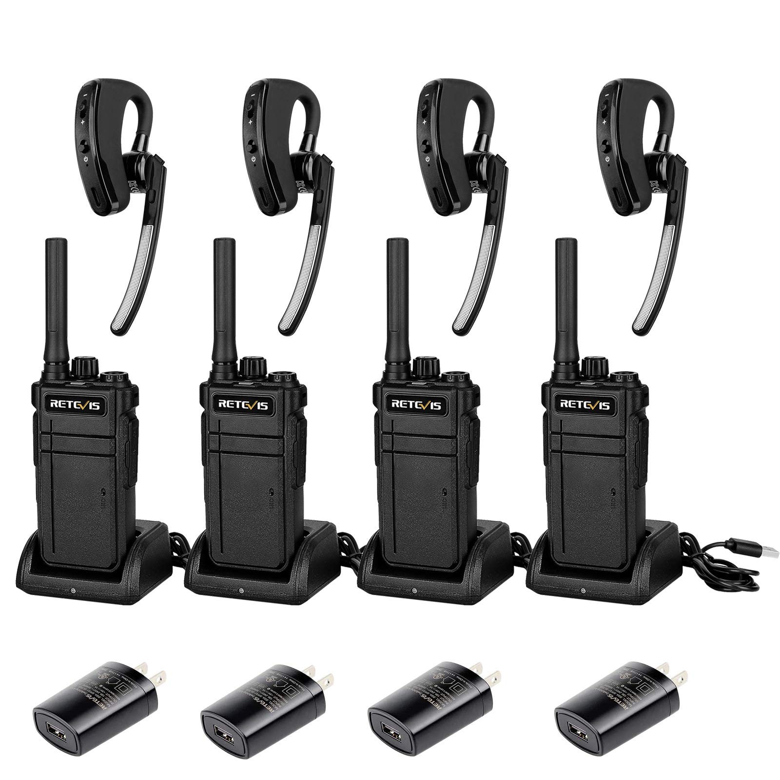 Retevis RB37 Bluetooth Walkie Talkies with Headset - 4 Pack Long Range Wireless Two Way Radios, 2000mAh Battery, USB-C Charging, Built-in Flashlight | Ideal for Medical Staff, Construction, Hiking & Outdoor Adventures