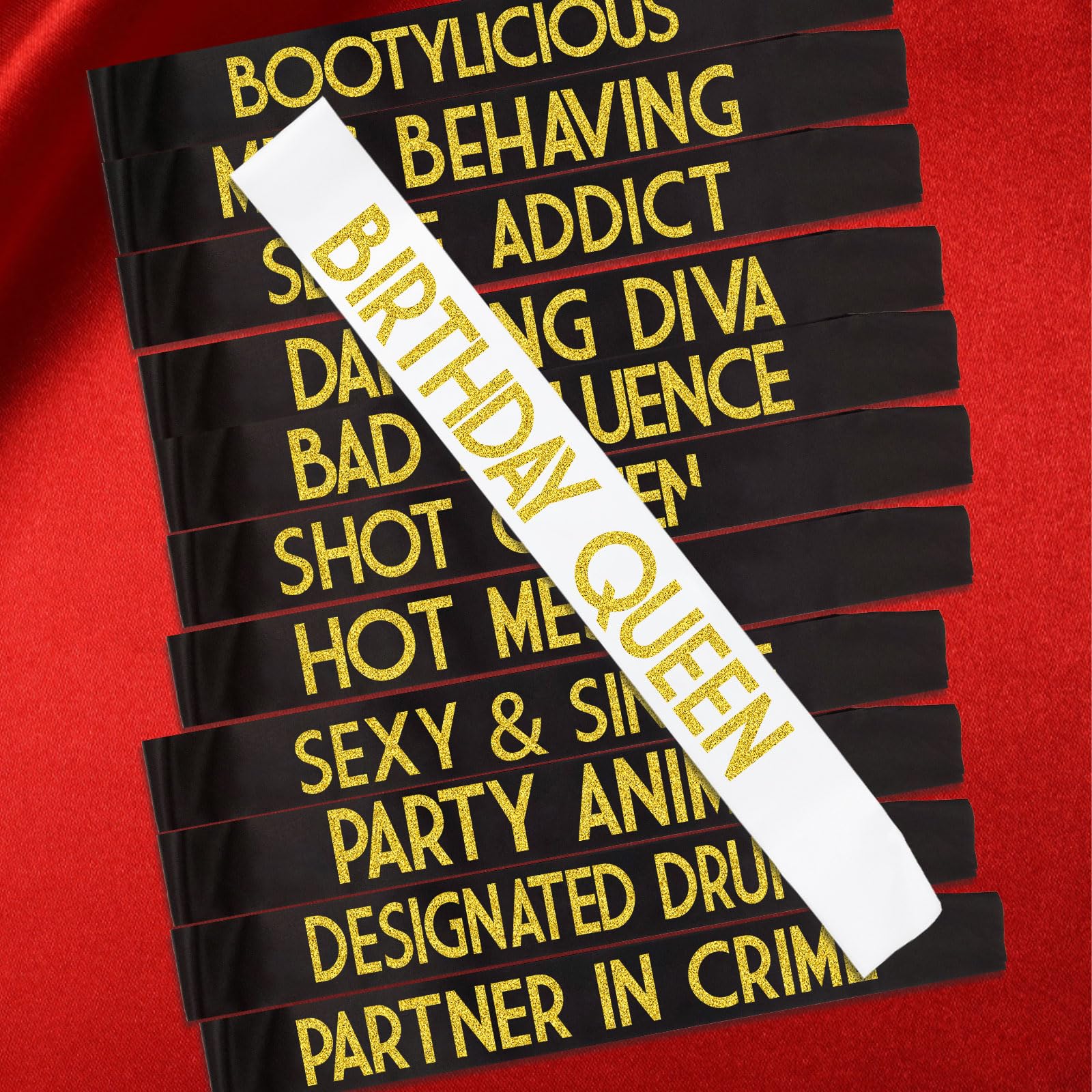 12 Pack Queen Sashes for Women - Birthday Party Squad Sash Set with Black, White & Gold Glitter Letters | Funny Bachelorette Party Gifts, Girls Night Out Accessories, Birthday Celebration Decorations