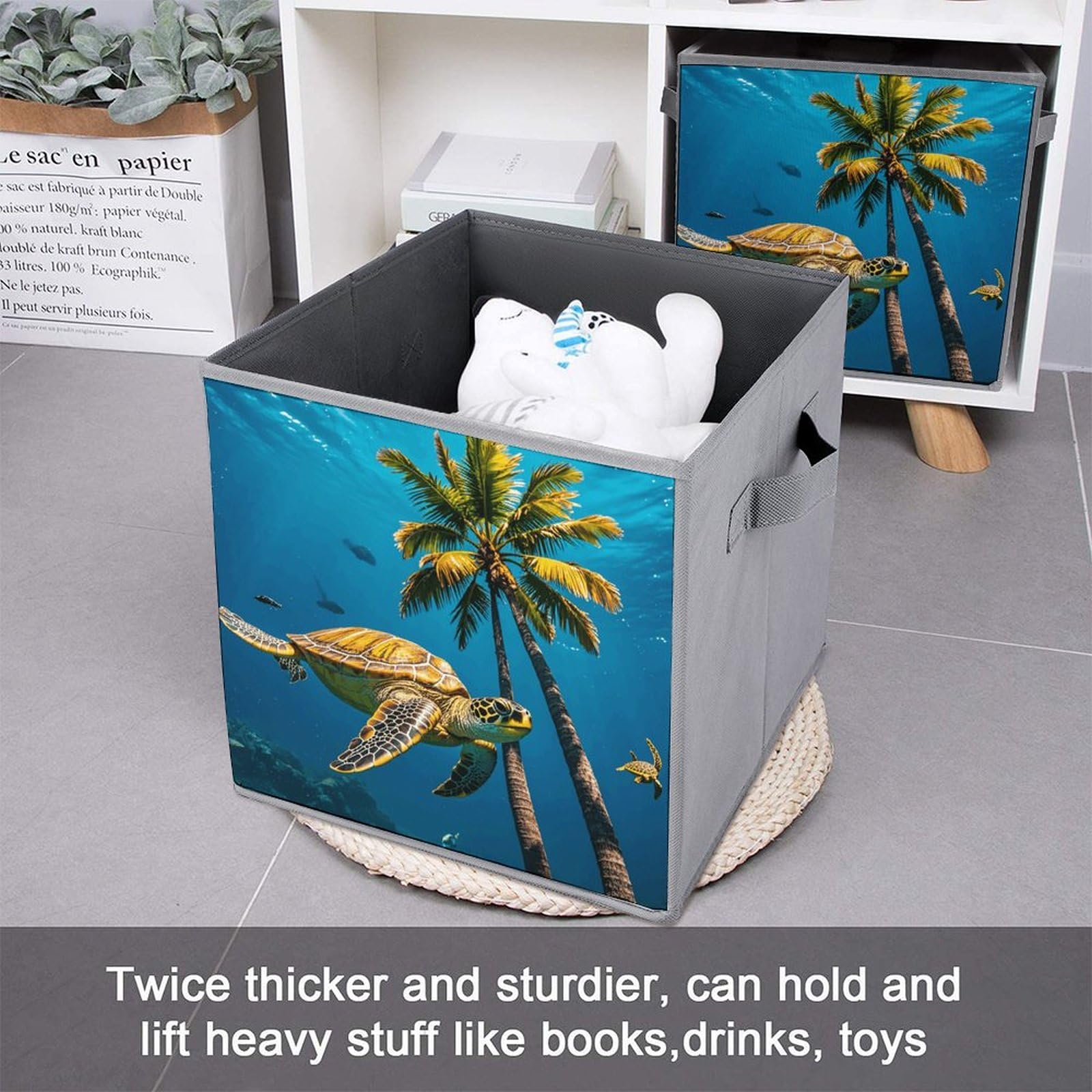 6-Piece Collapsible Storage Bins with Handles - Tropical Palm Trees & Sea Turtles Underwater Print - Multi-Functional Organizing Boxes for Home, Closet, Bathroom & Office Storage Solutions
