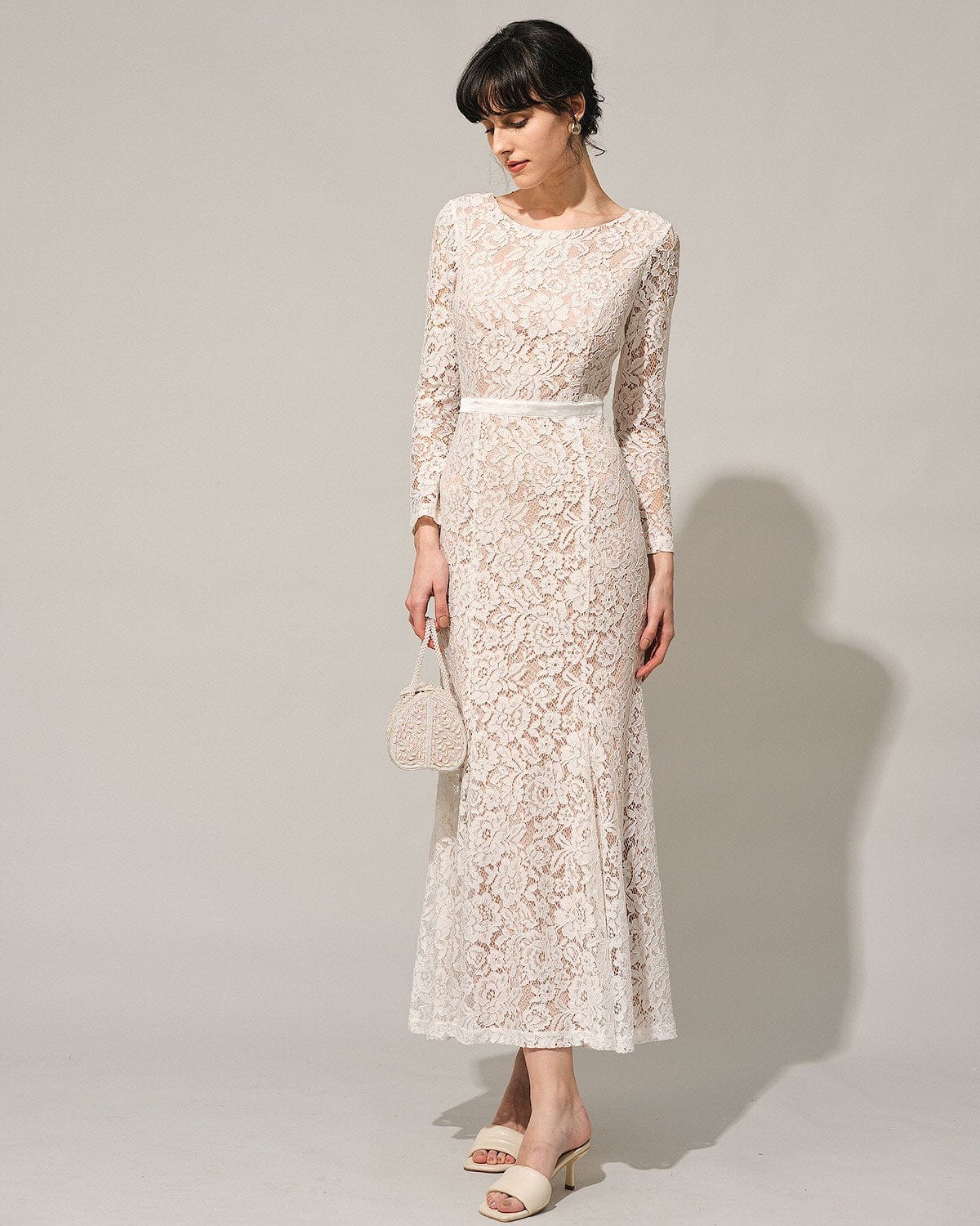 Elegant White Lace Long Sleeve Backless Maxi Dress for Women - Perfect for Weddings, Parties & Special Occasions