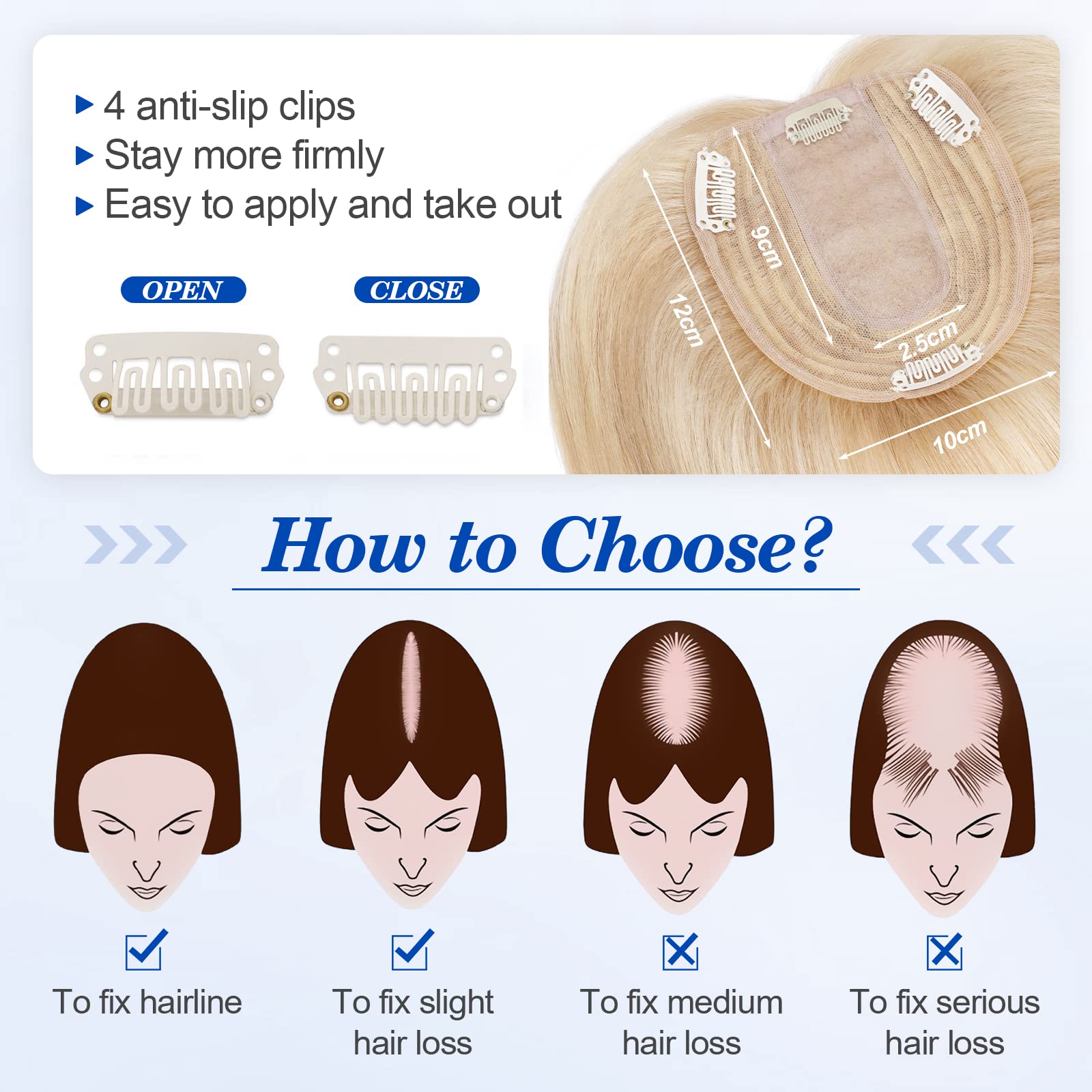 Benehair 10 Inch Real Human Hair Toppers for Women - 130% Density, 4