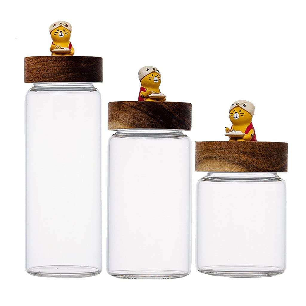 Airtight Food Storage Containers Set - 3-Piece Cute Resin Cat Design Glass Jars with Wooden Lids for Coffee, Sugar, Flour & Dry Goods | Kitchen Pantry Organization & Countertop Decor