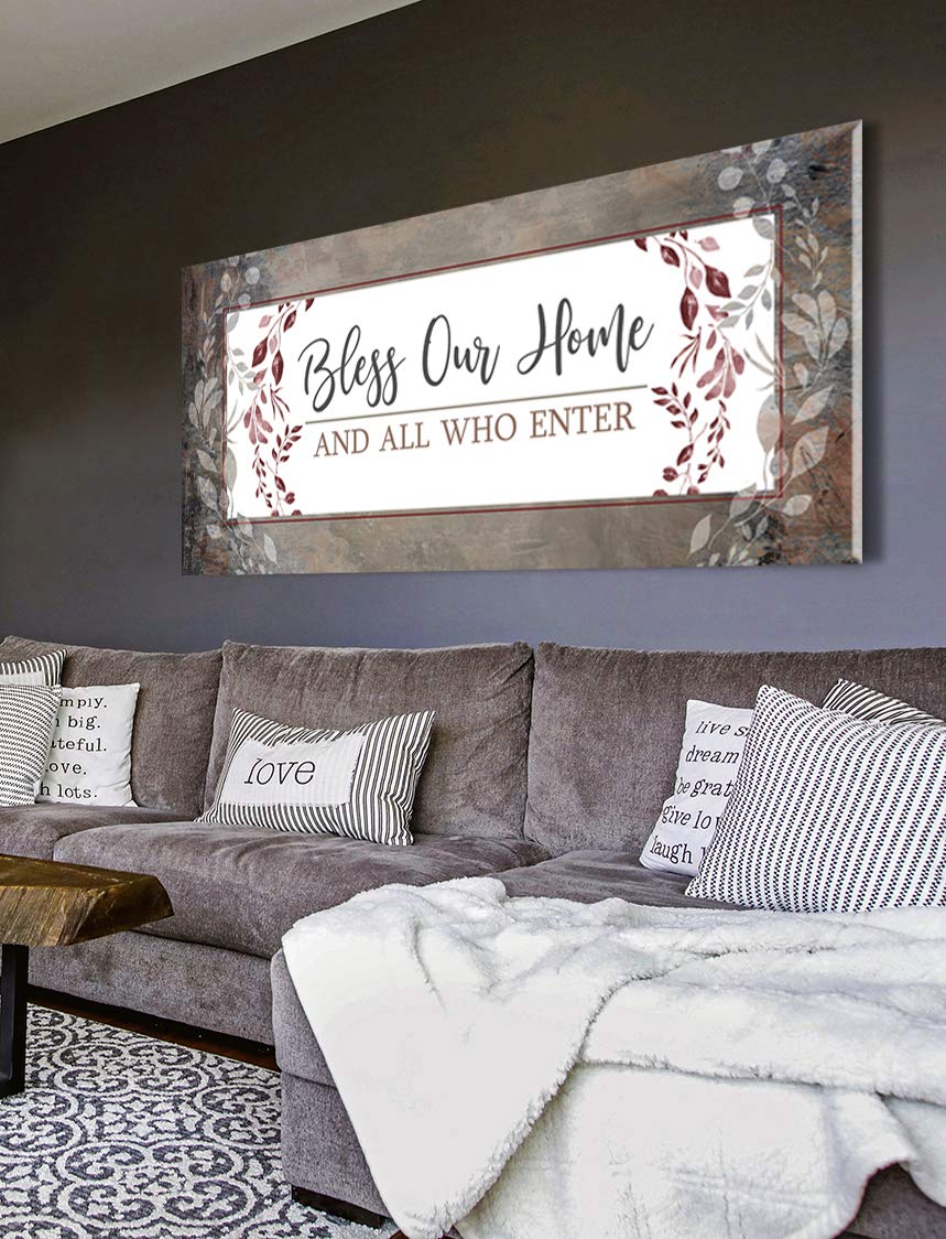 Bless Our Home Sign - Large Canvas Wall Art for Front Door & Entryway Decor (60x27, Brown) | Perfect Housewarming Gift & Living Room Wall Decor for Cozy Home Ambiance