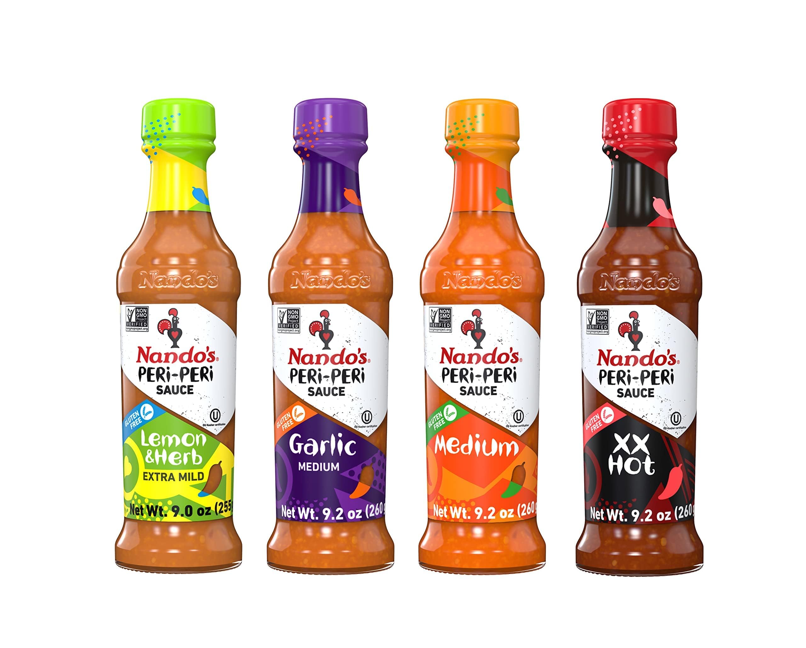 Nando's PERi-PERi Hot Sauce Variety Gift Pack - Lemon & Herb, Garlic, Medium, Extra Hot Piri Piri Sauce Set - 9.1oz Bottles (4 Pack) - Perfect for Grilling, BBQ, Wings & Cooking