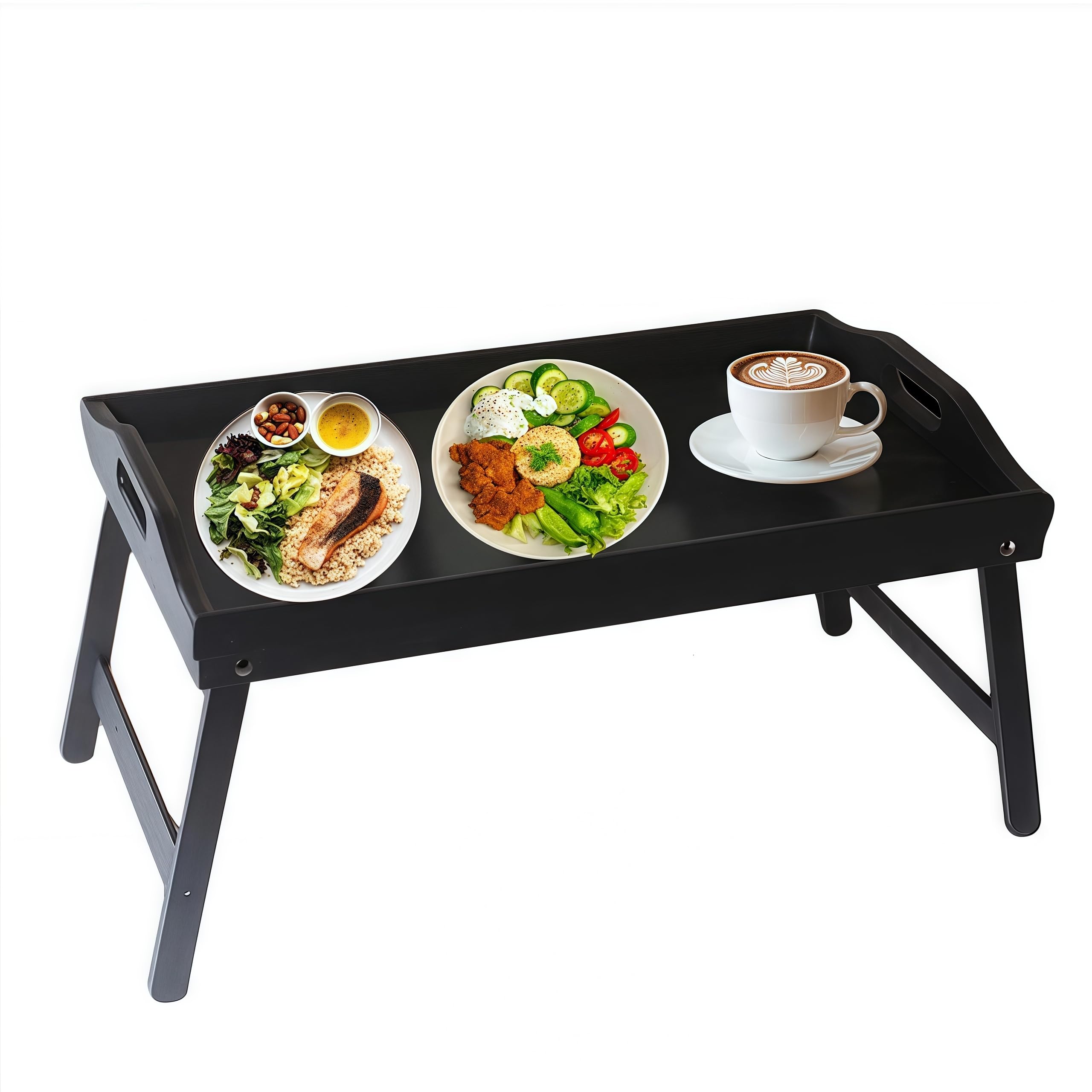 Foldable Wooden Bed Tray Table with Adjustable Legs - Portable Breakfast Serving Tray for Sofa, Bed, Eating, Working & Studying | Perfect for Breakfast in Bed, Laptop Desk, Snack Tray & Home Office (Black)