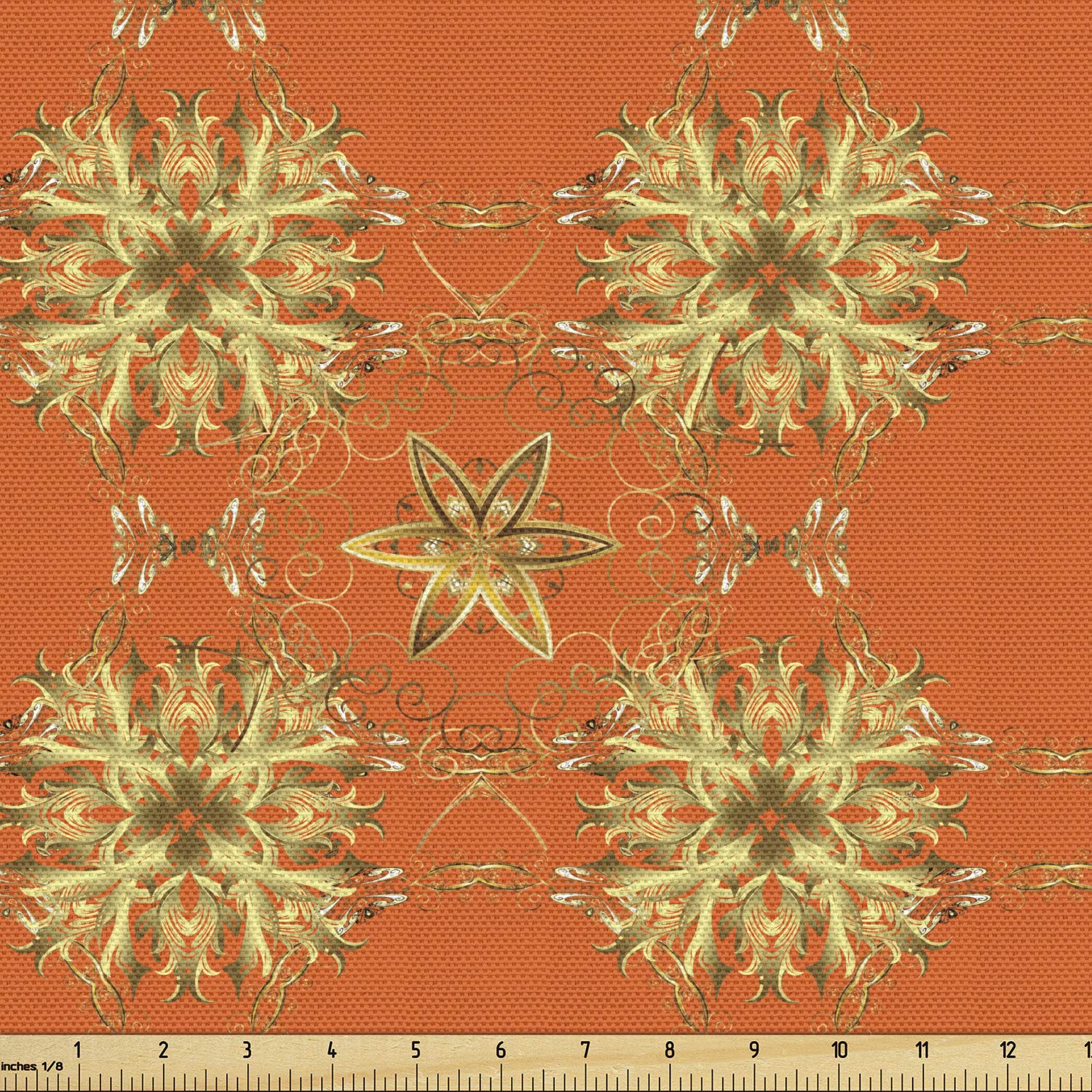 Ambesonne Yellow Damask Fabric - Eastern Abstract Pattern for Upholstery & Home Decor - 1 Yard
