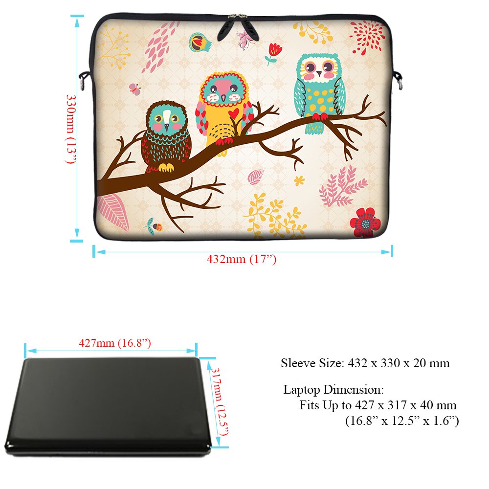 Meffort 17-17.3 Inch Neoprene Laptop Sleeve with Hidden Handle & Adjustable Shoulder Strap - Three Owls Design | Protective Case for MacBook Pro, Dell, HP | Perfect for Work, School & Travel