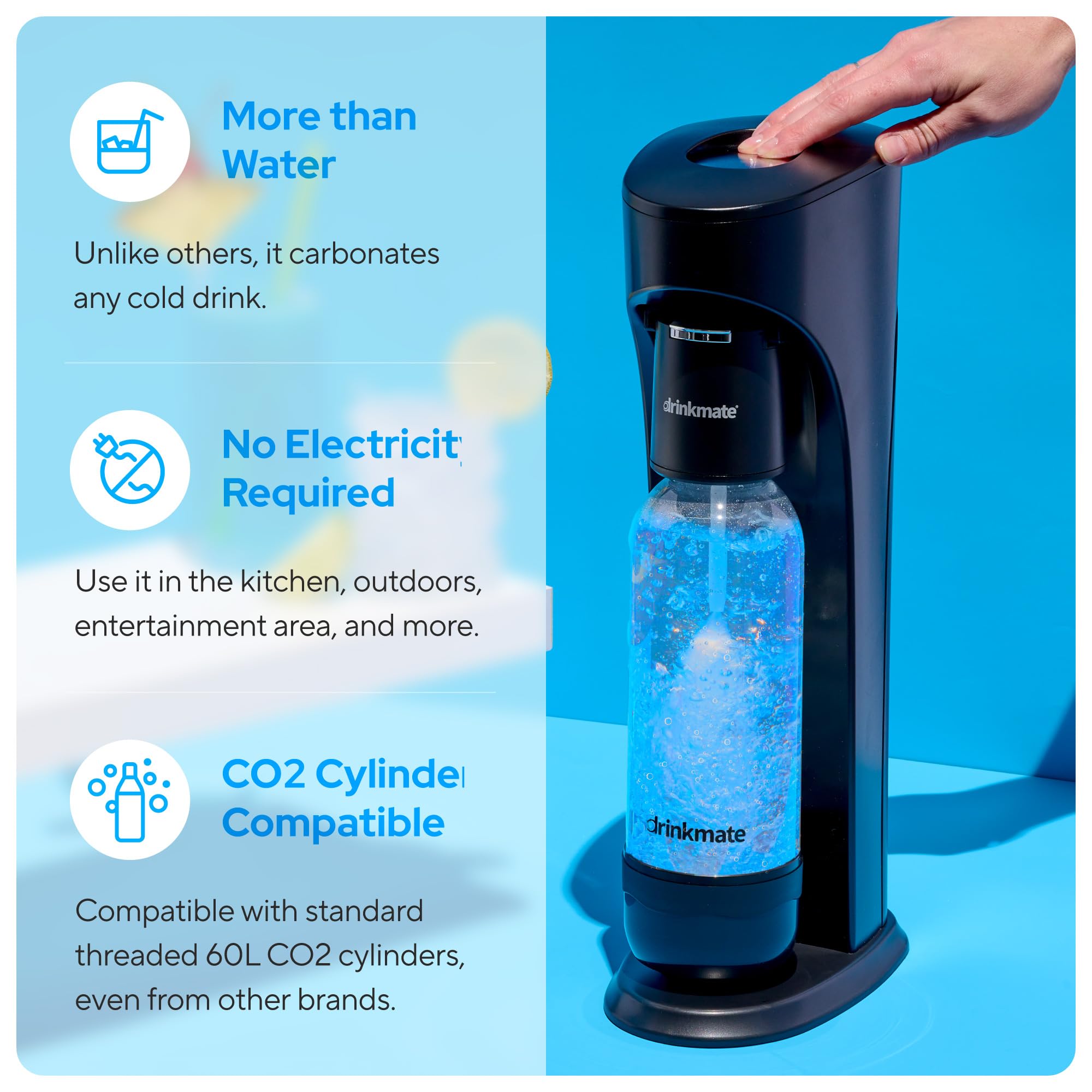Drinkmate OmniFizz Sparkling Water and Soda Maker - Carbonate Any Beverage with Party Pack (Includes 2x60L CO2 Cylinders, 3 Carbonation Bottles & 2 Fizz Infusers) | Matte Black | Perfect for Home Bars, Parties & Healthy Hydration