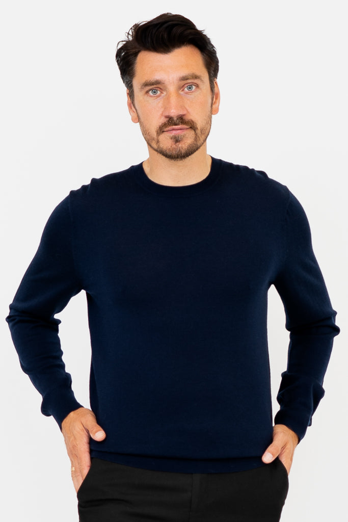 Premium Fraser Sweater for Men - 100% Merino Wool, Navy Blue - Cozy Winter Wear for Outdoor Activities & Casual Office Style