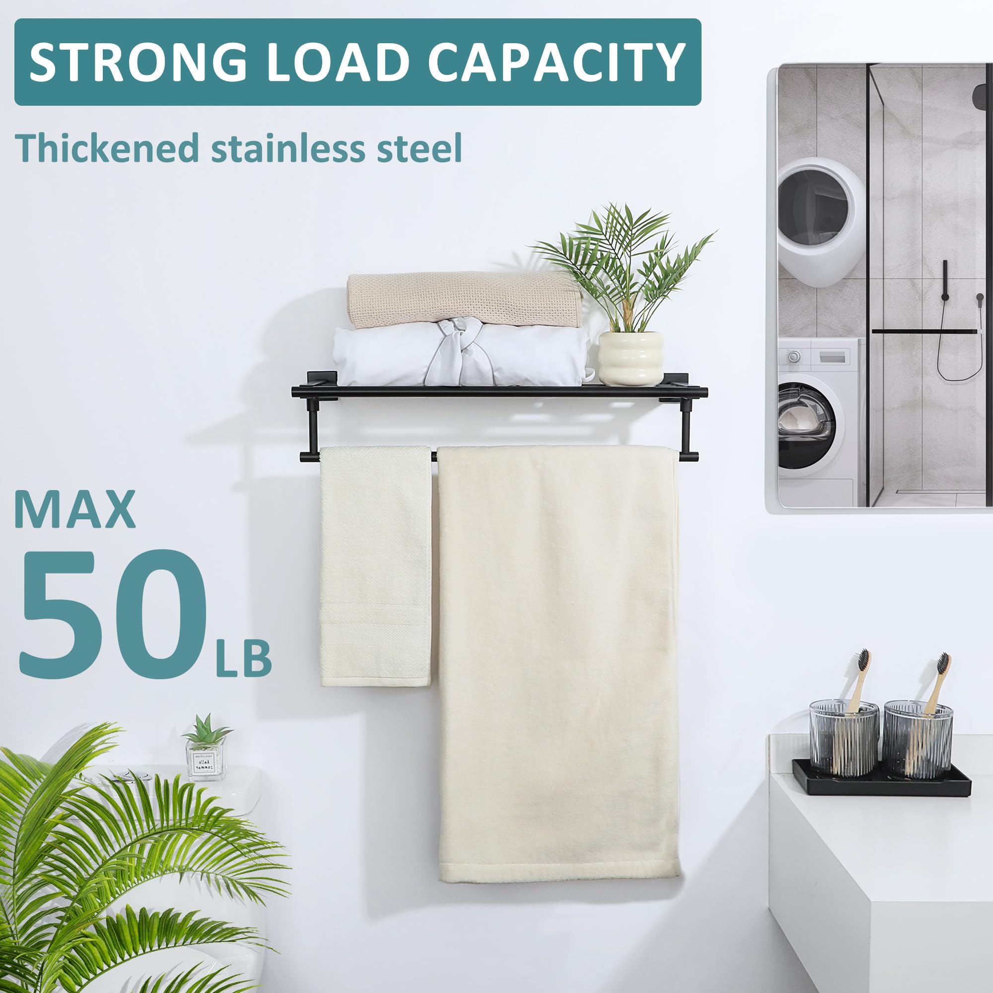 24 Inch Stainless Steel Towel Rack for Bathroom - Wall Mounted Heavy Duty Towel Holder with Shelf, SUS 304 Matte Black - Perfect for Spa, Hotel & Home Bathroom Organization