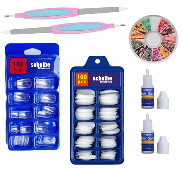 100 Clear Press-On Nails & 100 White Fake Nails Set with 2 Nail Glues, Nail Art Wheel & 2 Nail Files - Full DIY Manicure Kit for Home Salon, Parties & Special Occasions