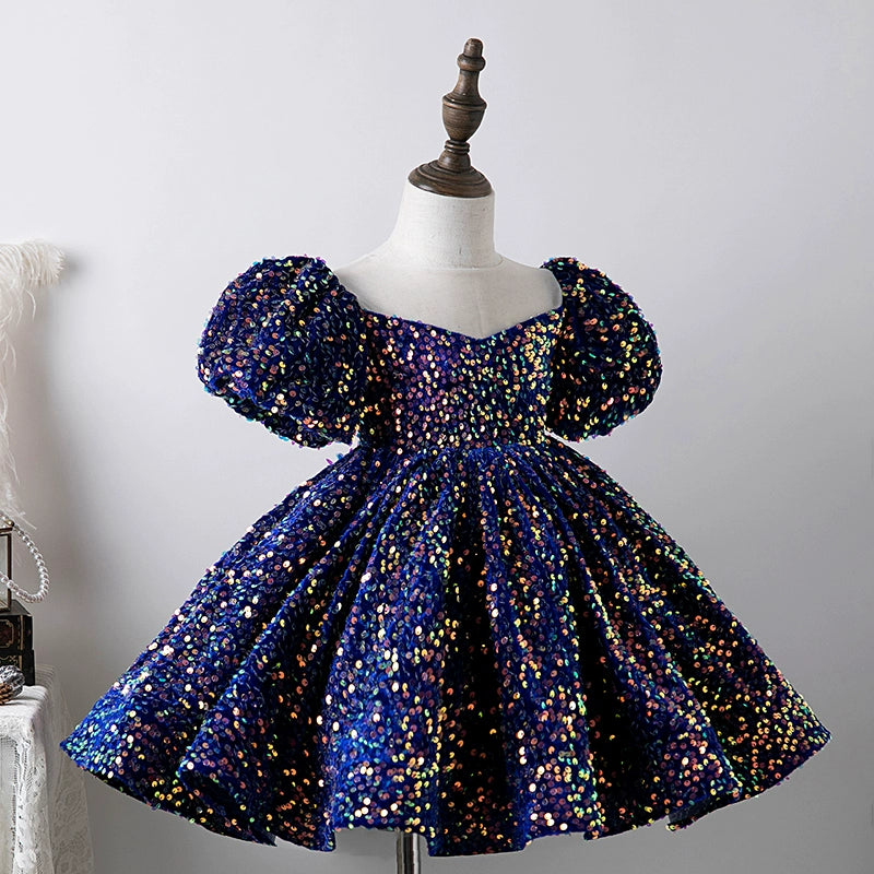 Royal Blue Princess Round Tea Length Sequined Flower Girl Dress – Perfect for Weddings, Pageants, and Special Occasions