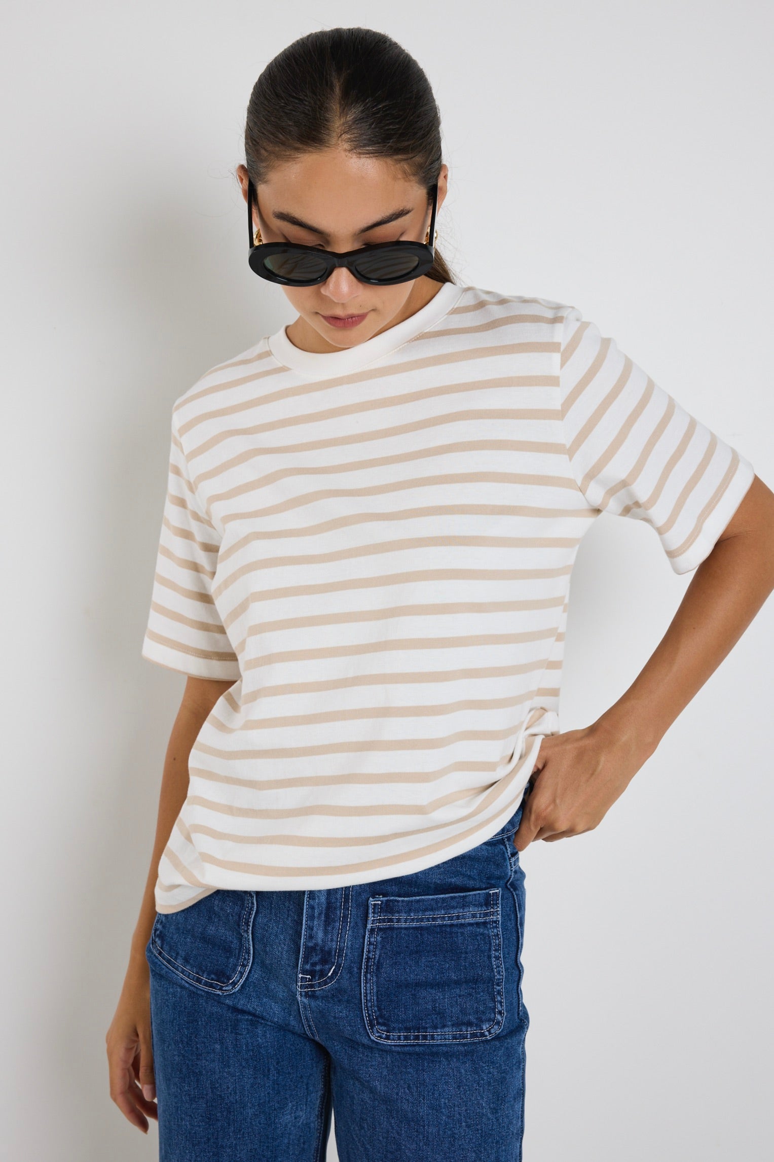 Natural Stripe Boxy Fit Tee - Women's Casual Loose Fit White T-Shirt for Everyday Wear & Street Style Outfits