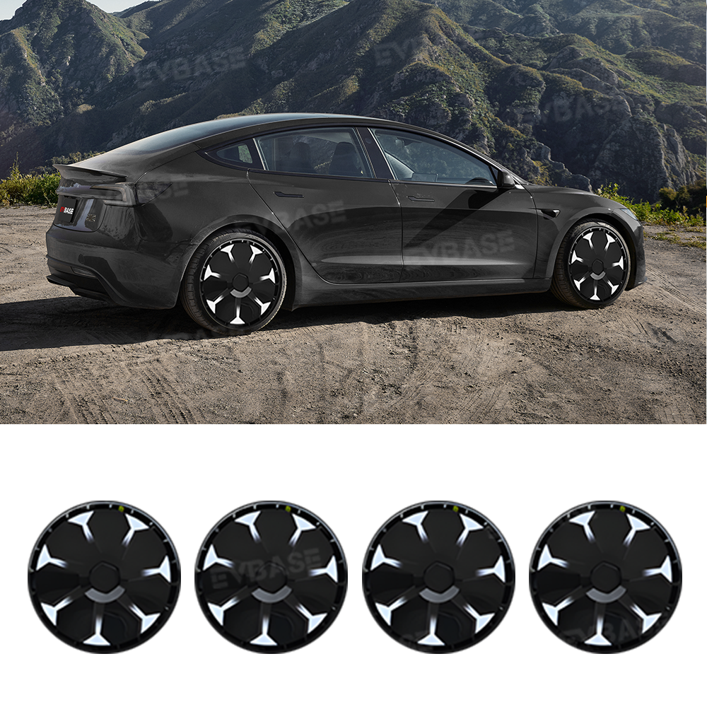 Tesla Model 3 Highland Hubcaps 18'' & 19'' Inch - Custom Graphic Full Coverage Wheel Covers Set of 4 - Premium Car Accessories for Enhanced Style & Protection - Perfect for Road Trips, Daily Commutes & Car Shows