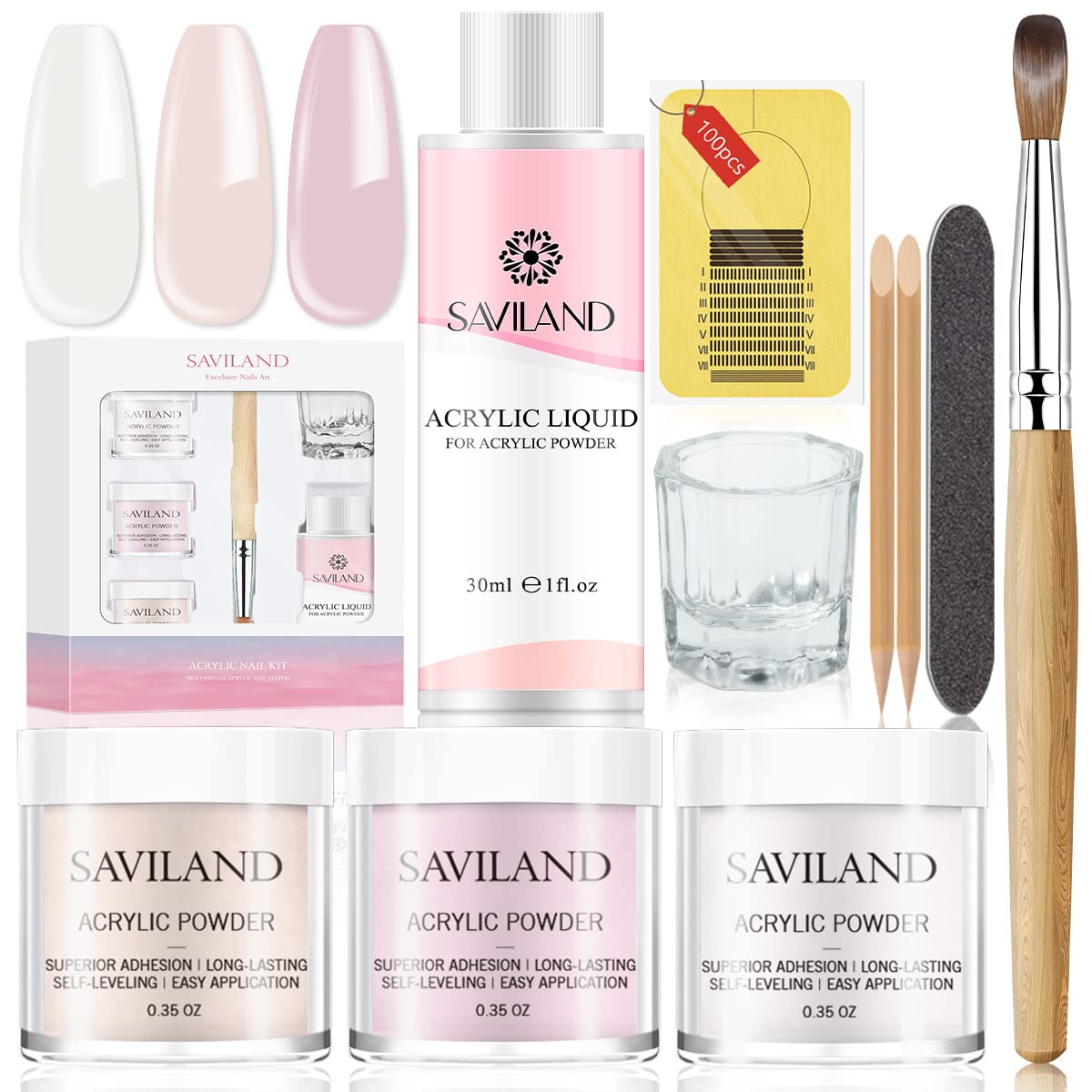 SAVILAND All-in-1 Acrylic Nail Kit with Clear Pink Nudes Acrylic Powder & Liquid - Professional Nail Art System with Brush & Forms for Salon & Home DIY | Perfect for Manicures, Nail Extensions & Creative Designs